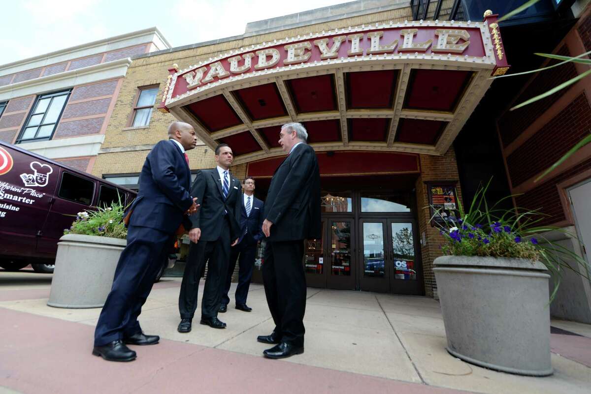 Speaker Carl Heastie, left, Assemblyman Angelo Santabarbara, center, and Mayor Gary McCarthy, right, wait outside Proctors Theater before touring the facility Wednesday, Aug. 19, 2015, in Schenectady, N.Y. Speaker Heastie also visited several other Schenectady County locations including General Electric Global Research Central Park and Mohawk Harbor. (Will Waldron/Times Union)