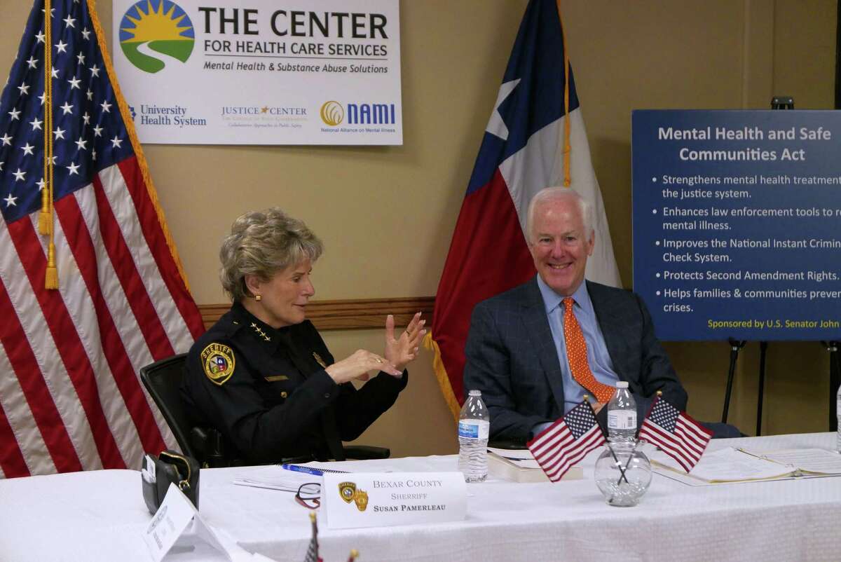 U.S. Senator John Cornyn (R-TX), right, and Bexar County Sheriff Susan Pamerleau speak at the Restoration Center at the Center for Health Care Services in San Antonio on Friday, Aug. 21, 2015. They spoke about the countyâ€™s nationally-recognized jail diversion and mental health programs and promoted Cornyn's bill, the Mental Health & Safe Communities Act.