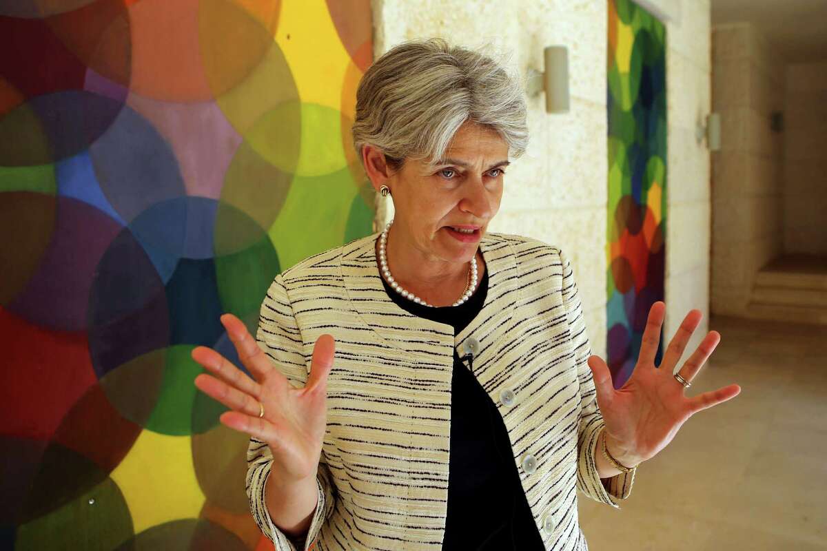The chief of the U.N.'s education and culture agency, Irina Bokova of Bulgaria, gestures during an interview with The Associated Press at the Global Forum for Youth, Peace and Security, in Madaba, Jordan, Friday, Aug. 21, 2015. "I think we are worried about almost all the heritage sites in Syria. Nothing is safe," said Irina Bokova, director general of UNESCO, speaking in an interview with The Associated Press. She added that the Islamic State group's, "view on culture and heritage is just the opposite of what UNESCO stands for." (AP Photo/Raad Adayleh)