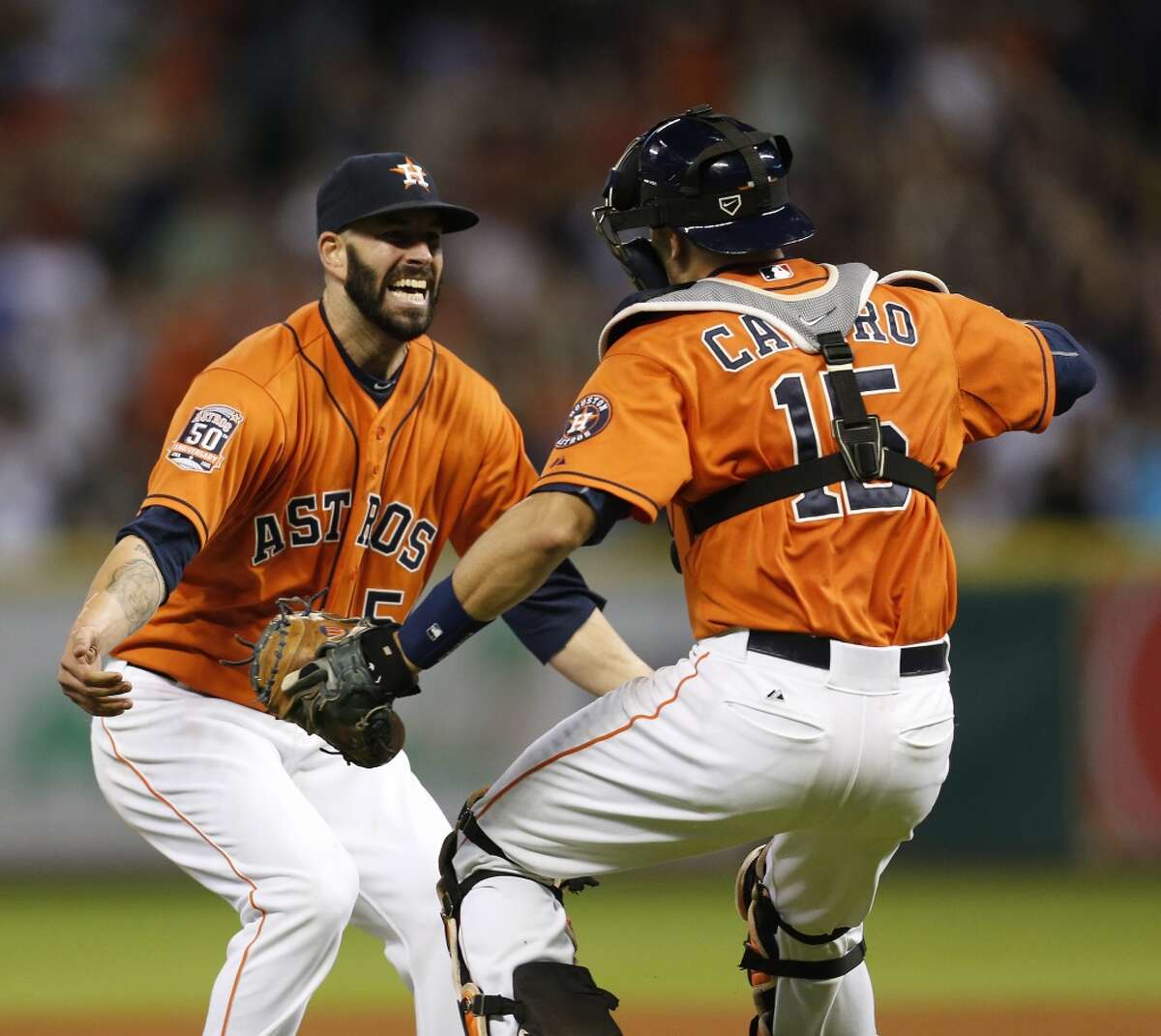 Mike Fiers celebrates with catcher Jason Castro after throwing the first no-hitter in Minute Maid Park history Aug. 21, 2015, against the Dodgers.