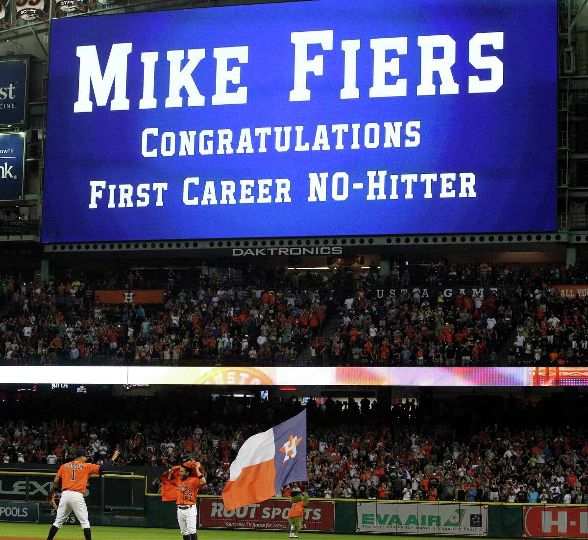 Astros starting pitcher Mike Fiers received a big congratulations Friday night after tossing his first no-hitter and the first at Minute Maid Park in a 3-0 win over the Dodgers.