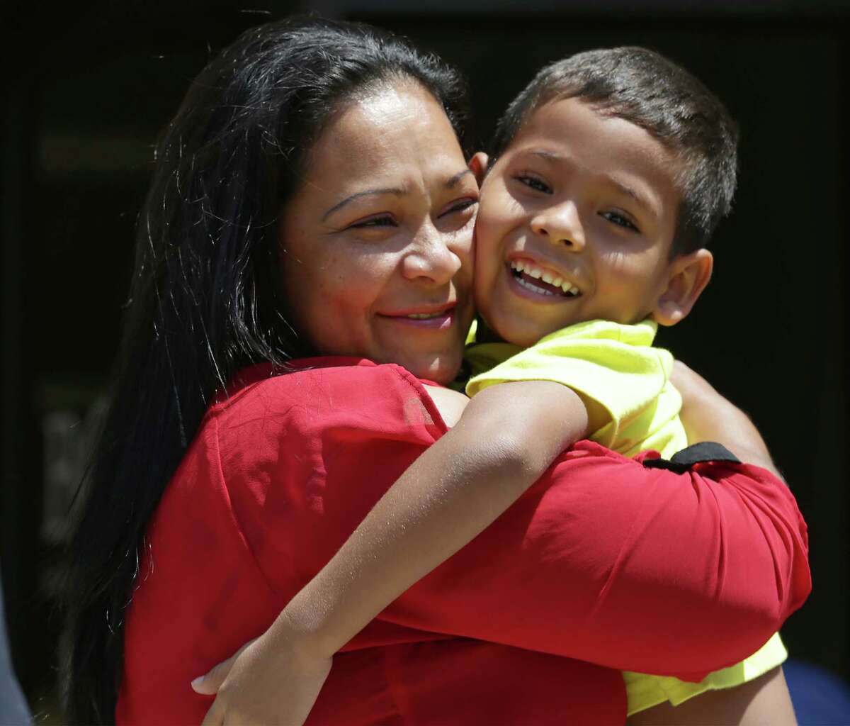 Wendy Rodriguez Vargas, 38, of Honduras, who was recently released from a south Texas detention center in Dilley, is reunited with her 5 year old son Keverson who was placed in foster care through BCFS after being picked up with his father after crossing into the U.S. at Eagle Pass. Wendy and her 2 year-old daughter Alexia, who were picked up separately from the men, have been staying at the Mennonite House, waiting to be reunited with Keverson. Her husband Juan Carlos Irias Archaga, is still in a detention center in Del Rio.