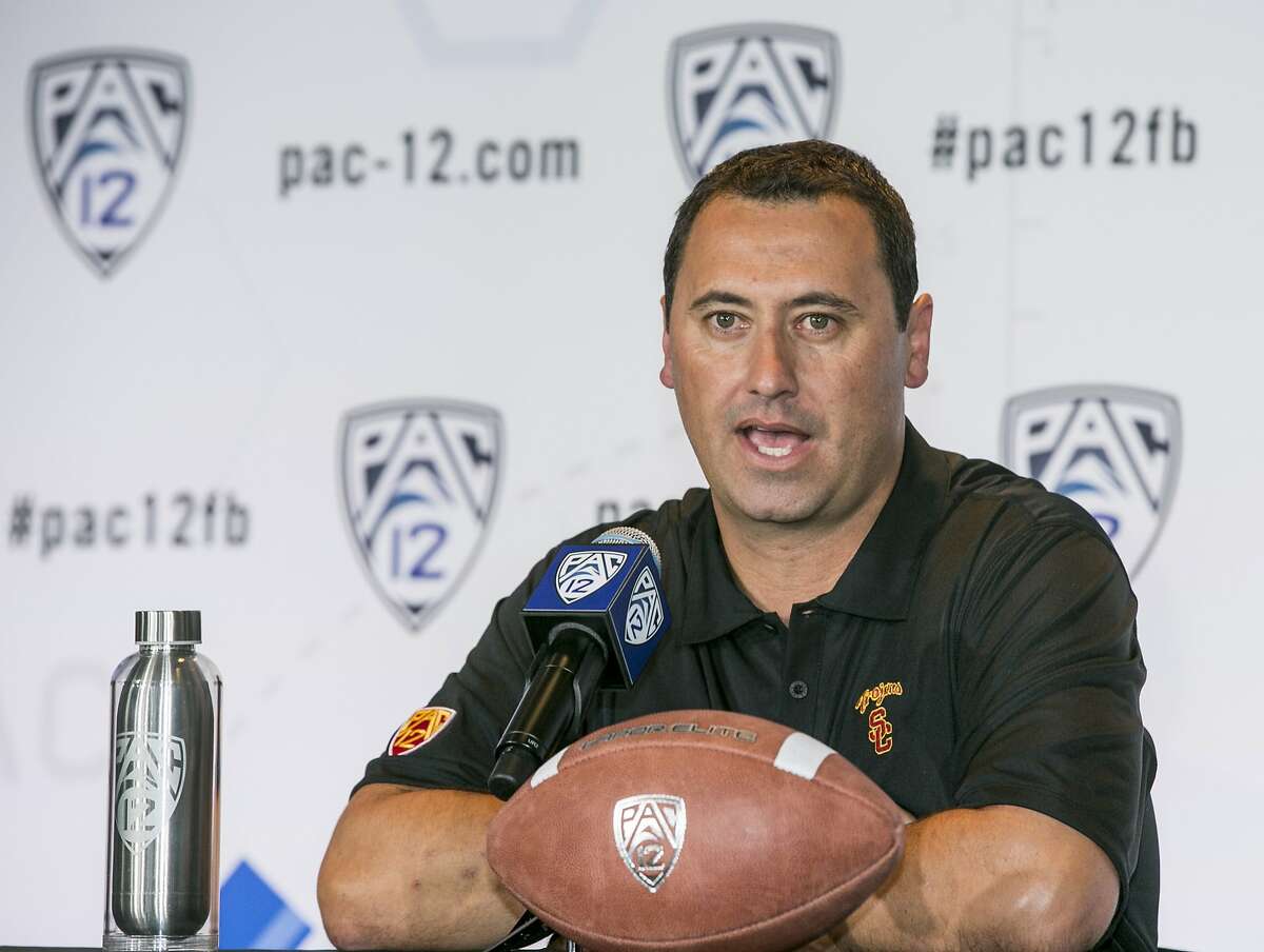 Souther California head coach Steve Sarkisian takes questions at the Pac-12 NCAA college football media days at Paramount Studios in Los Angeles, Wednesday, July 23, 2014. (AP Photo)