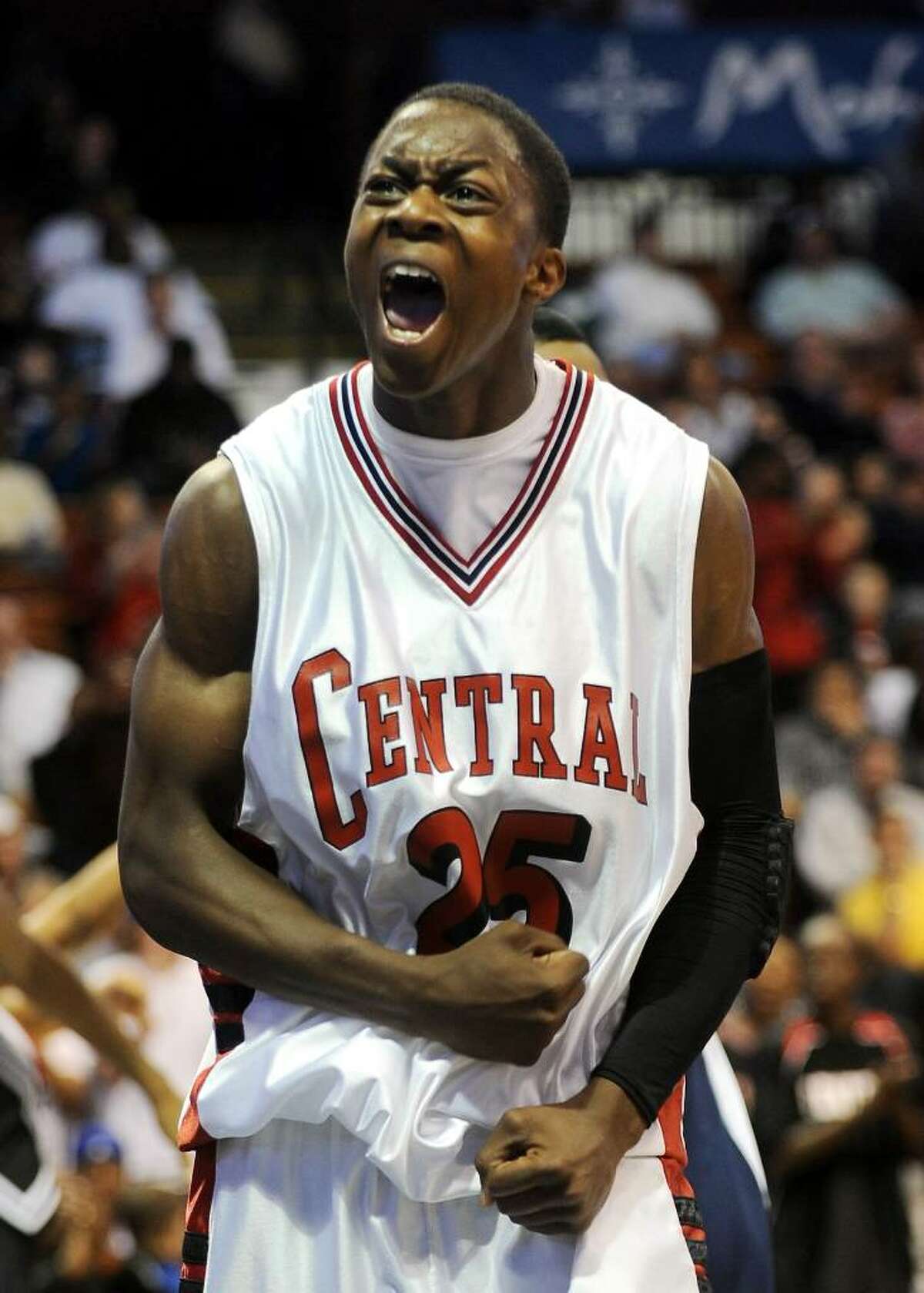 Central's #25 Diontay Washington reacts after being fouled, during Class L state championship action against Hillhouse at Mohegan Sun Arena in Uncasville, Conn. on Saturday Mar. 20, 2010.