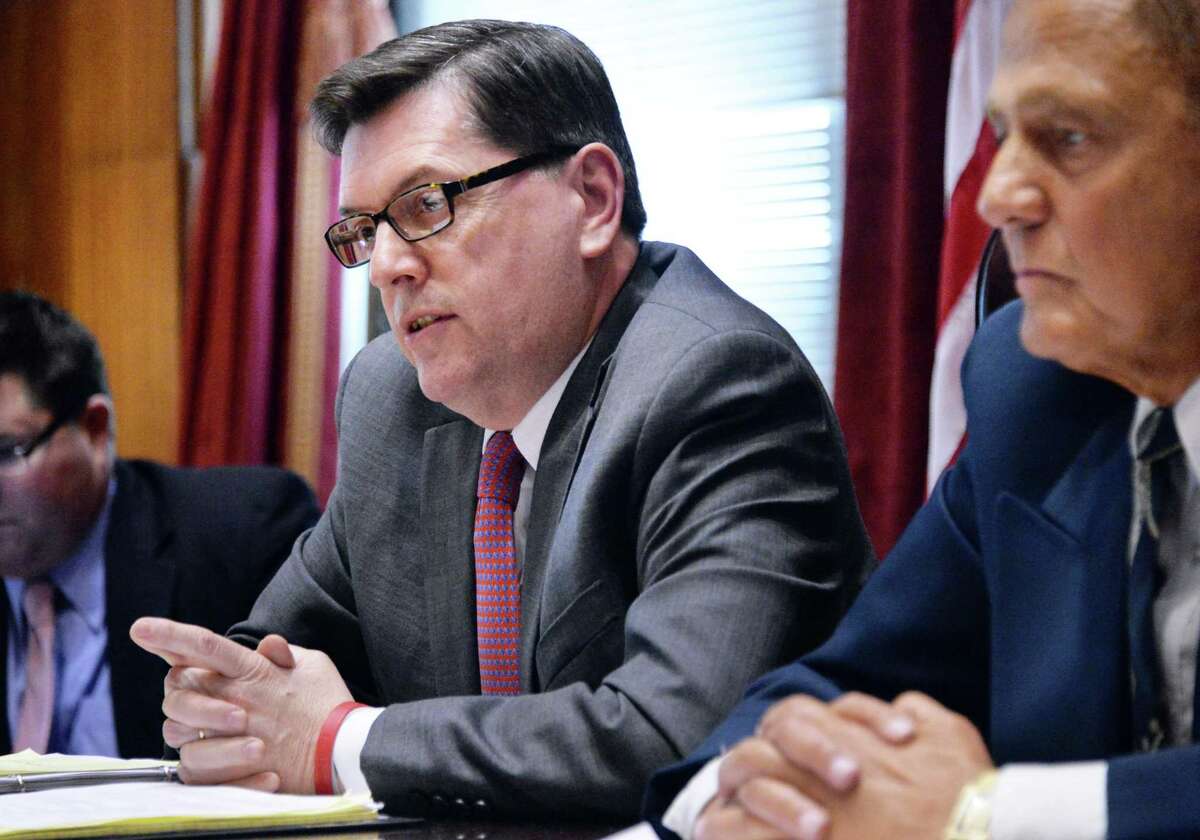 State Gaming Commission Chairman, Mark D. Gearan, center, speaks before a meeting of the Senate Standing Committee on Racing, Gaming and Wagering Tuesday, March 4, 2014, at the Capitol in Albany, N.Y. (John Carl D'Annibale / Times Union archive)