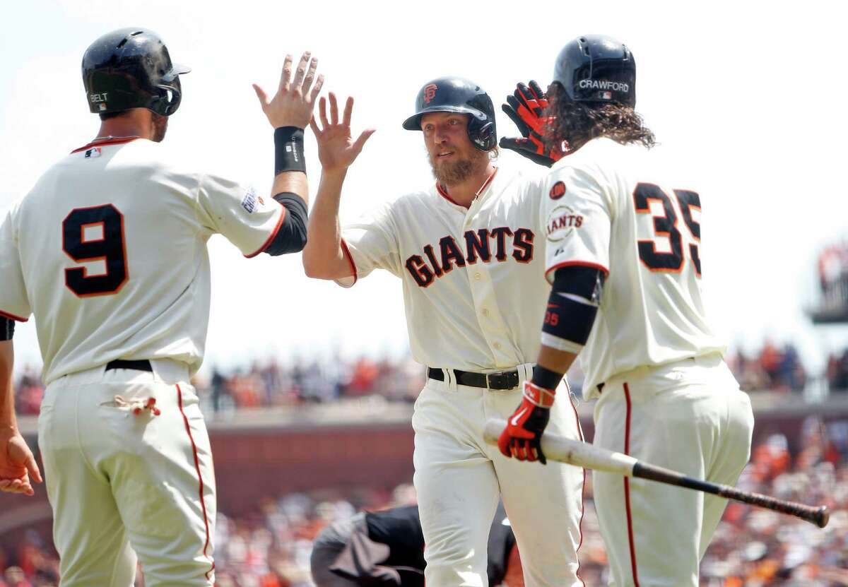 Giants' Hunter Pence, Brandon Belt, Nori Aoki, Gregor Blanco