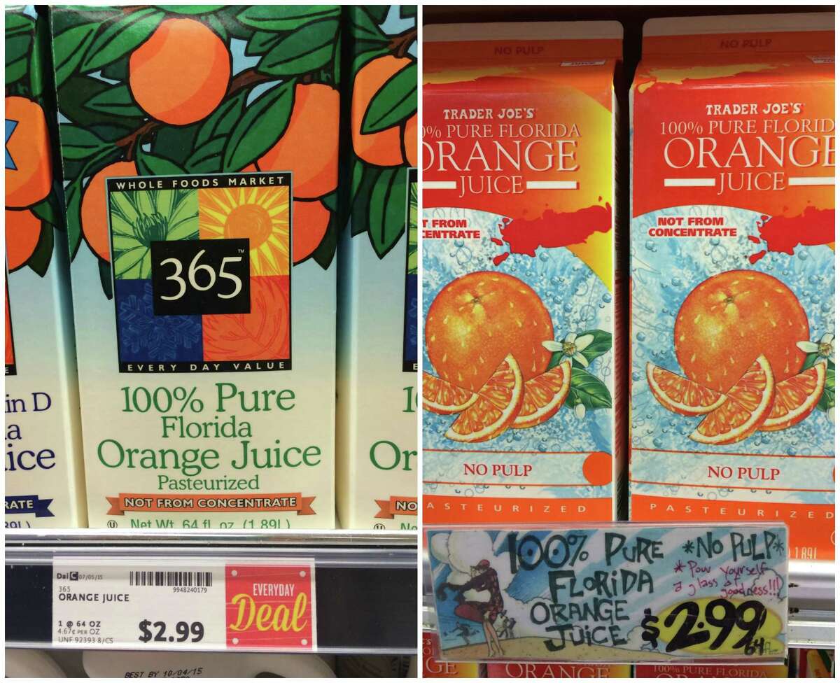 Orange juice: A carton of 100% Florida goes for $2.99 at both Whole Foods and Trader Joe's.