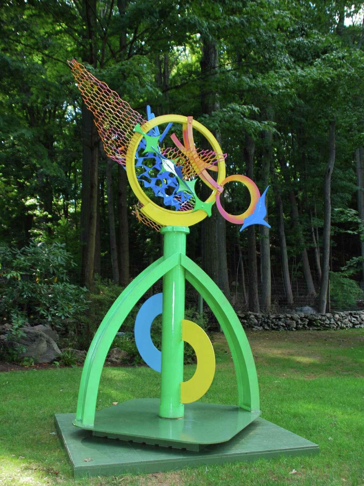 “Birdsong” is a large painted welded steel sculpture by Carole Eisner, on view through October on the Silvermine Sculpture Walk.