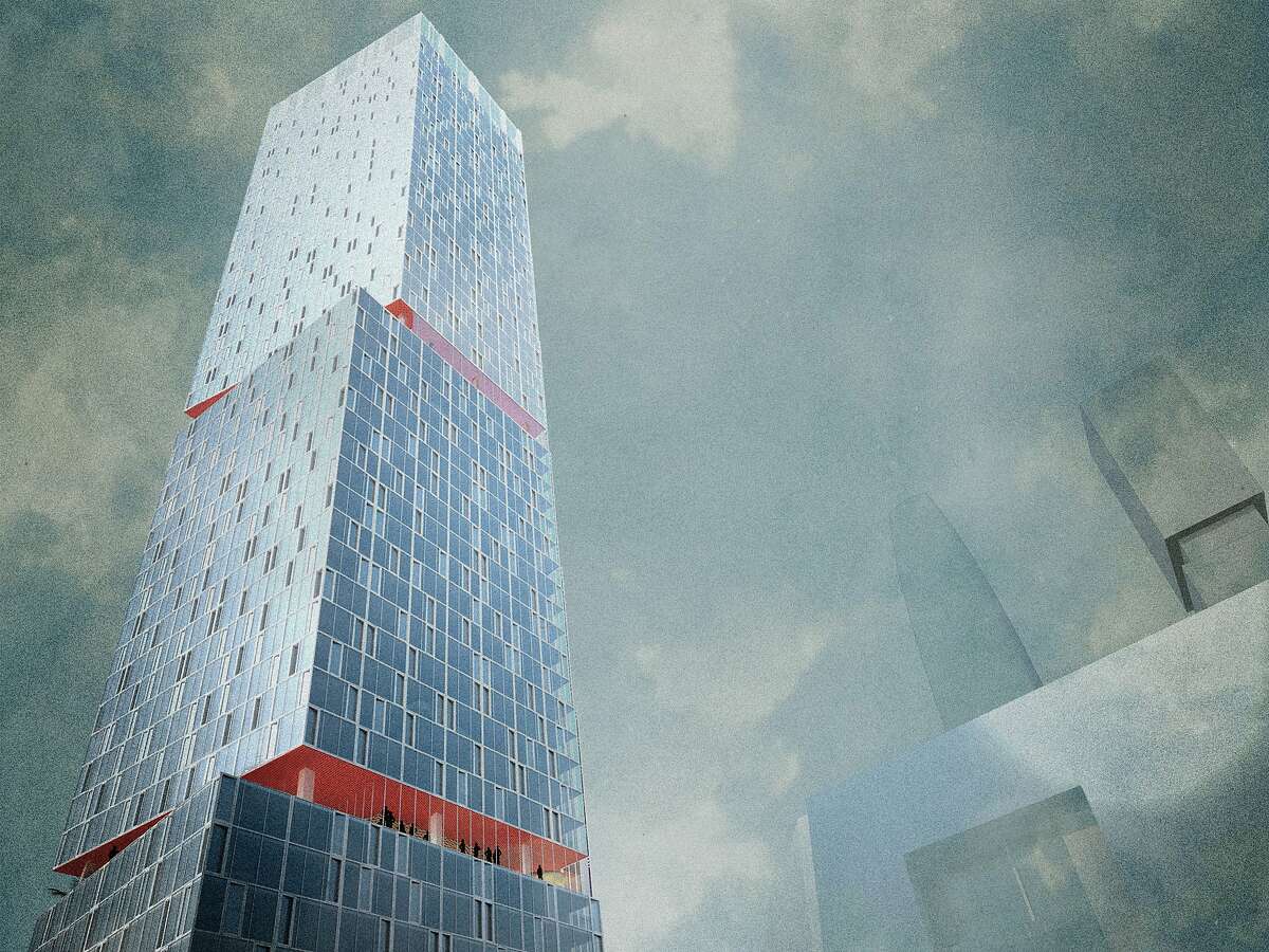 Now a parking lot and construction staging area, the block at First and Folsom streets is slated for new residential buildings including a 550-foot tower. This image from 2014 shows a view of the proposed tower from Folsom Street. The architect is the New York office of OMA.