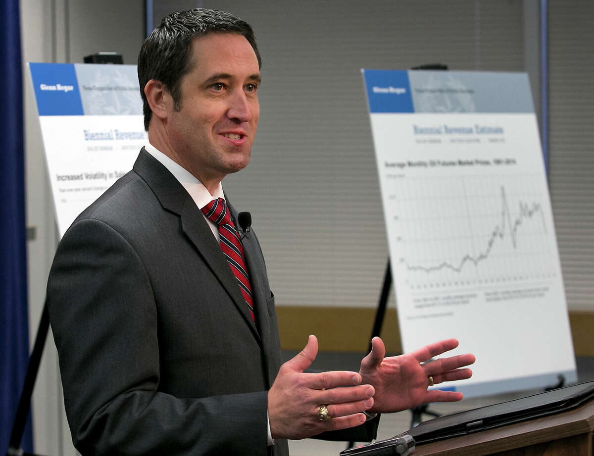 Texas State Comptroller Glenn Hegar announces an overwhelmingly Republican Legislature will have $113 billion in revenue to spend over the next two years, at an announcement made on Monday, Jan. 12, 2015, in Austin, Texas, the day before the 84th legislature is sworn into office. 