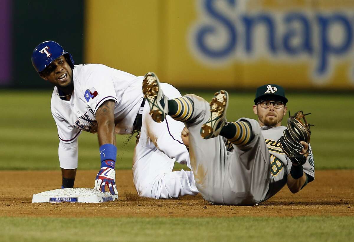 Texas Rangers' Elvis Andrus, left, and Oakland Athletics second baseman Eric Sogard, right, look for the call after Andrus doubled during the fifth inning of a baseball game, Friday, May 1, 2015, in Arlington, Texas, (AP Photo/Jim Cowsert)