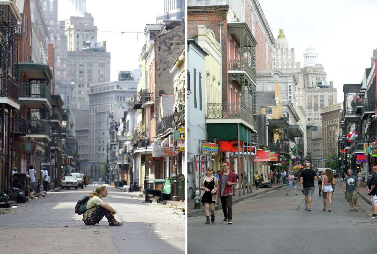In this combination of images, (left) A women sits in the middle of Bourbon Street in the French Quarter of New Orleans, Louisiana, in this August 31, 2005 file photo, in aftermath of Hurricane Katrina and tourists walk on Bourbon Street on August 16, 2015. Ten years ago, Hurricane Katrina swept buildings off their foundations and deluged nearly all of New Orleans with floodwaters which rose so fast some people drowned in their homes. Those who made it to their rooftops or the relative safety of dry land waited days to be rescued as the Big Easy descended into chaos. Today, colorful homes on stilts have replaced many of the rotting hulks left behind after the low-lying coastal city in the southern United States was finally drained. AFP PHOTO/ JAMES NIELSON(TOP) and LEE CELANO--/AFP/Getty Images