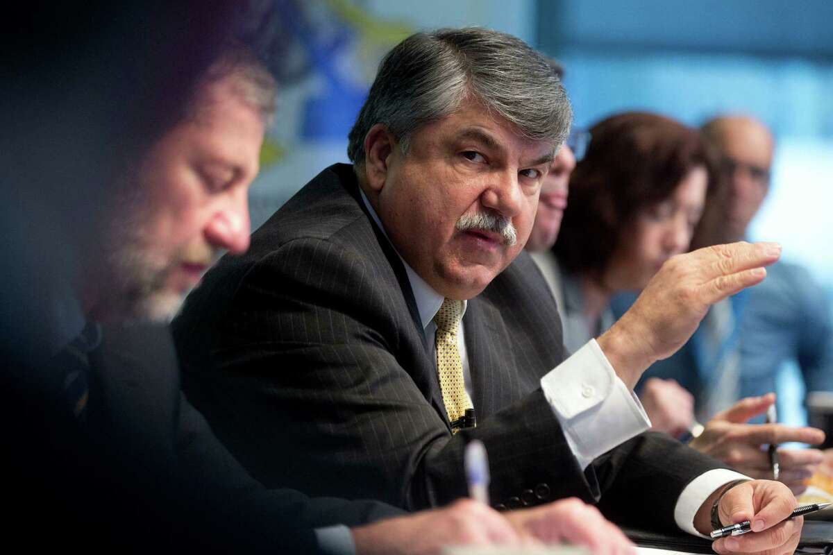 Richard Trumka, president of the AFL-CIO, speaks during an interview in Washington, D.C., U.S., on Tuesday, March 11, 2014. Trumka said the AFL-CIO hasn't given up on key 2014 policy priorities despite inaction in Congress including a pending measure to raise the nation's minimum wage to $10.10 an hour and a long-term bill funding highway construction and mass transit. Photographer: Andrew Harrer/Bloomberg *** Local Caption *** Richard Trumka