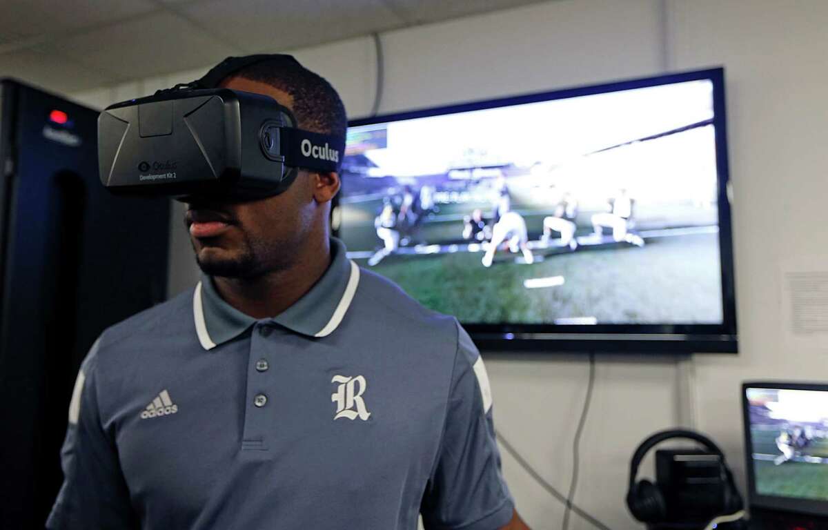 Rice quarterback Driphus Jackson can get an up-close look at defenses without ever stepping onto the field with the STRIVR Labs virtual reality solution platform. "It's real speed and like game reps," Jackson says.
