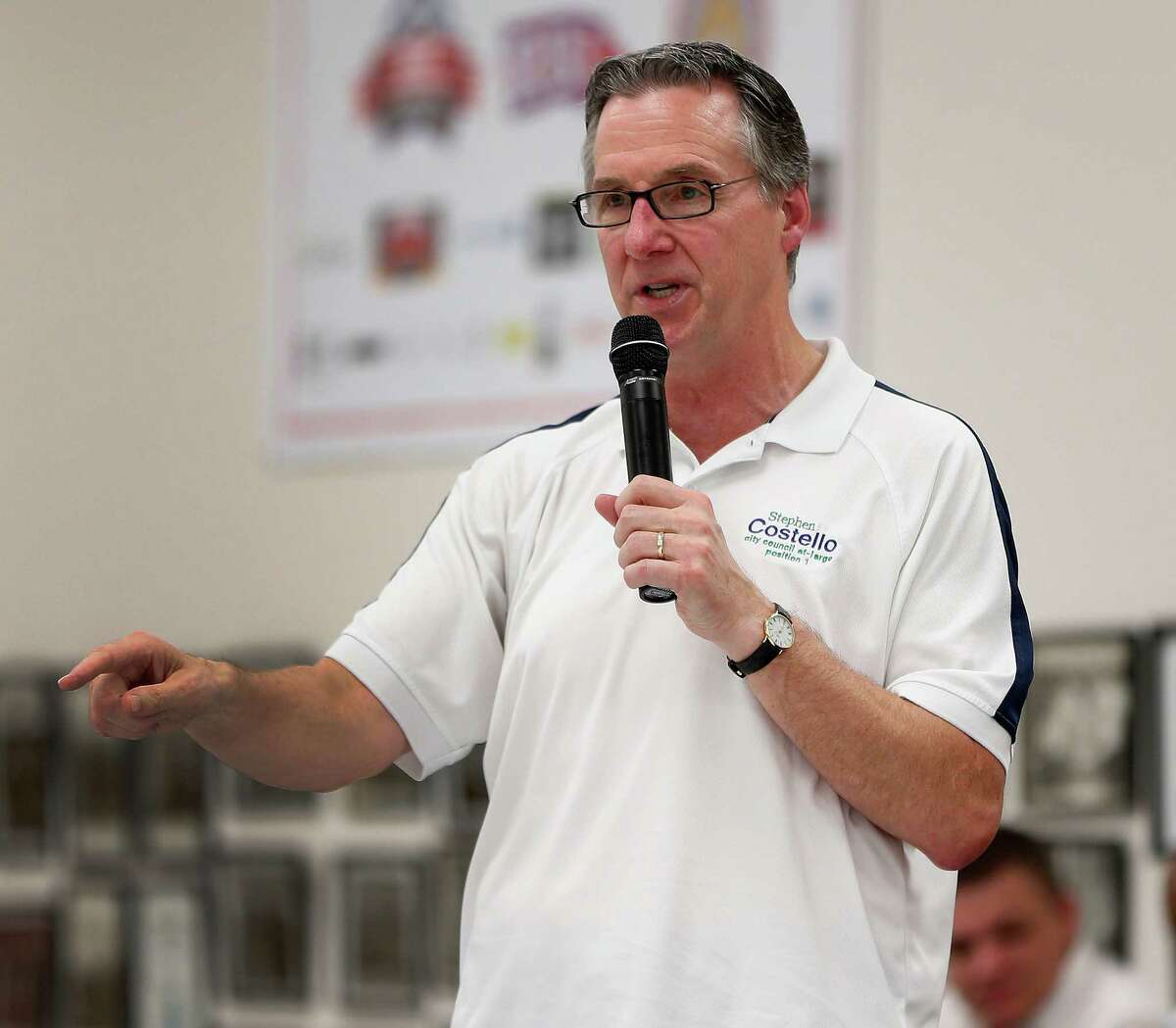 Mayoral candidate Steve Costello speaks during the Houston GLBT Political Caucus at the IBEW Hall, where they picked their slate of mayoral, controller and city council candidates on Saturday, Aug. 8, 2015, in Houston. A large crowd of nearly 300 members, was a traditional caucus-style event, with all of the progressive mayoral candidates present.( Karen Warren / Houston Chronicle )