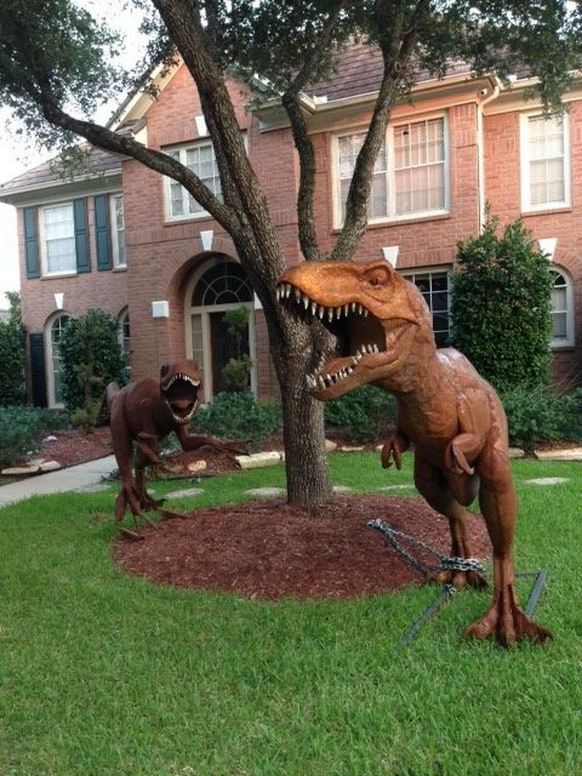 A Sugar Land woman, Nancy Hentschel, who has been told to remove two hulking dinosaur replicas from her front yard said the fearsome figures will go.