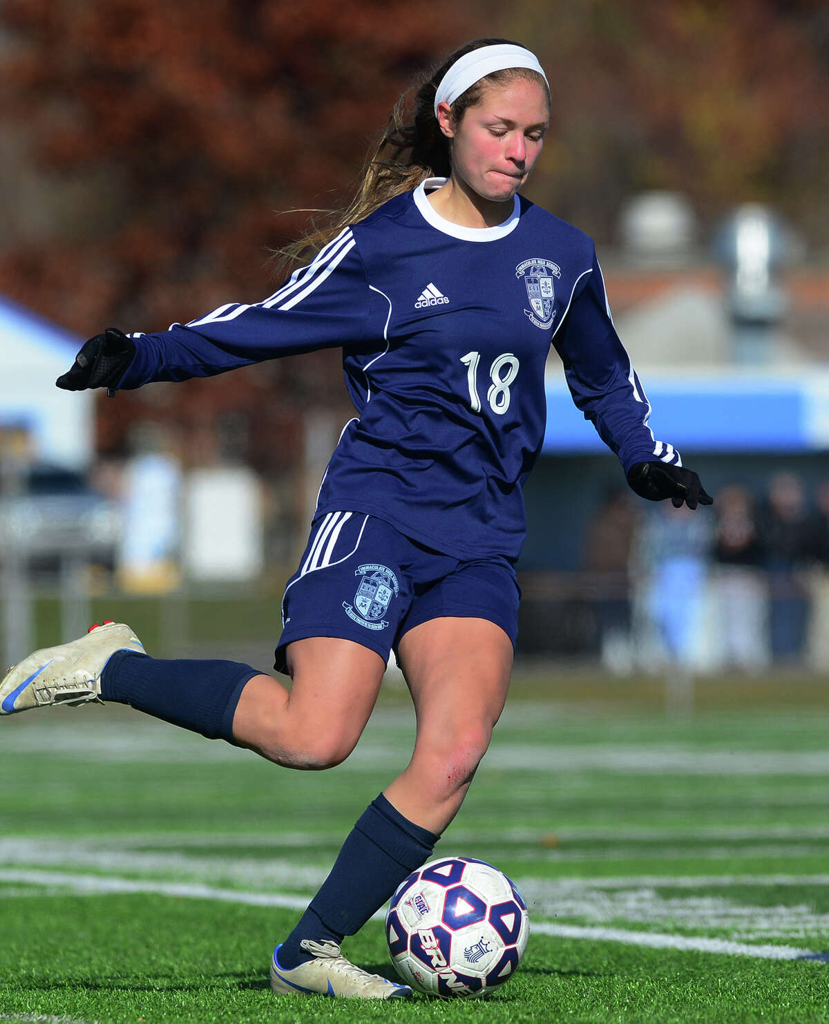 Class L CIAC state girls soccer championship action between Immaculate and Avon in West Haven, Conn. on Saturday Nov. 15, 2014. Immaculate No. 18 Caitlyn Linden.