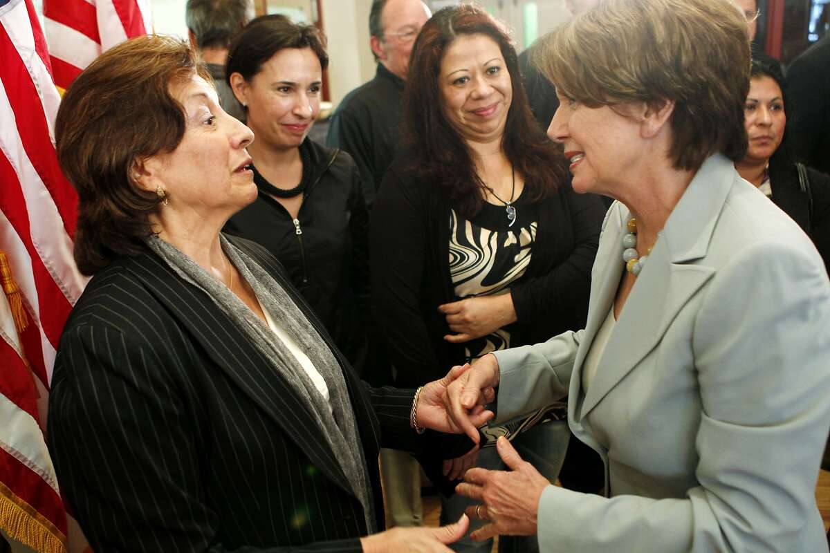 In this Oct. 20, 2011 photo, U.S. Rep. Nancy Pelosi thanks Rosario Anaya following a meeting with Mission District small business owners at the Mission Language & Vocational School in San Francisco, Calif.