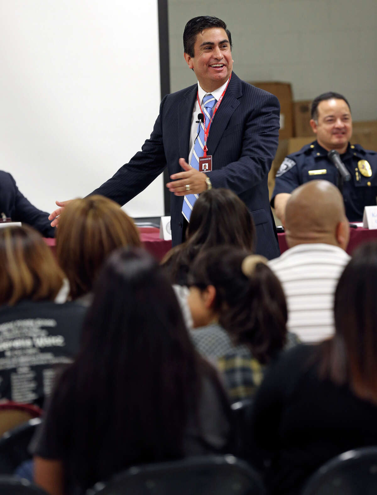 Edgewood ISD superintendent Dr. Jose Cervantes speaks at a one hour town hall meeting with parents to answer questions about security in the district on February 7, 2013.