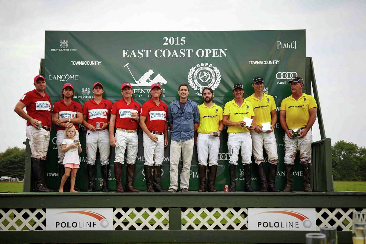 Team Turkish Airlines and Team Mclaren with actor Luke Wilson on the trophy wagon at the Greenwich Polo East Coast Open on August 30, 2015.