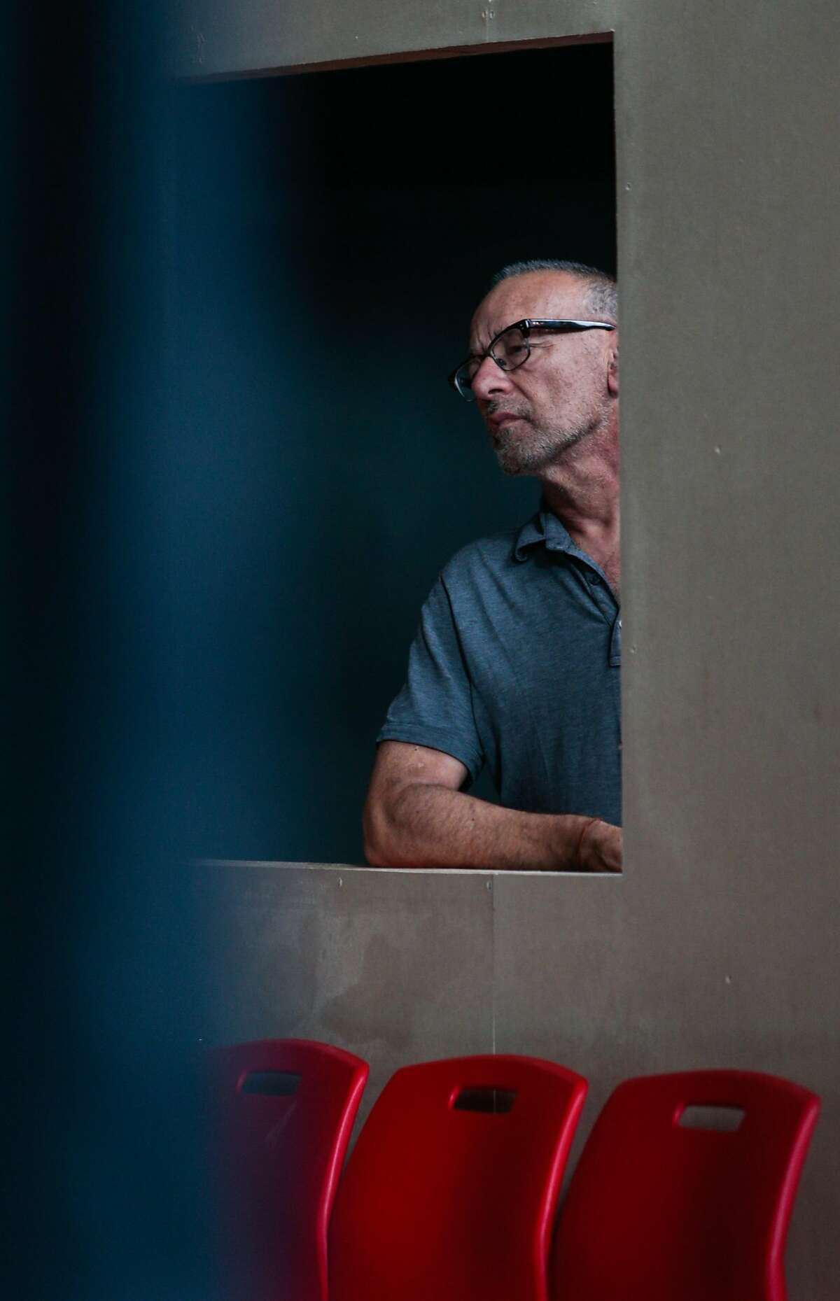 Joe Goode rehearses for his latest work, "Poetics of Space", a blend of drama and choreography in installations which viewers walk through, on Wednesday, Sept. 2, 2015 in San Francisco, Calif. Goode celebrates 30 years working in dance theater this year.