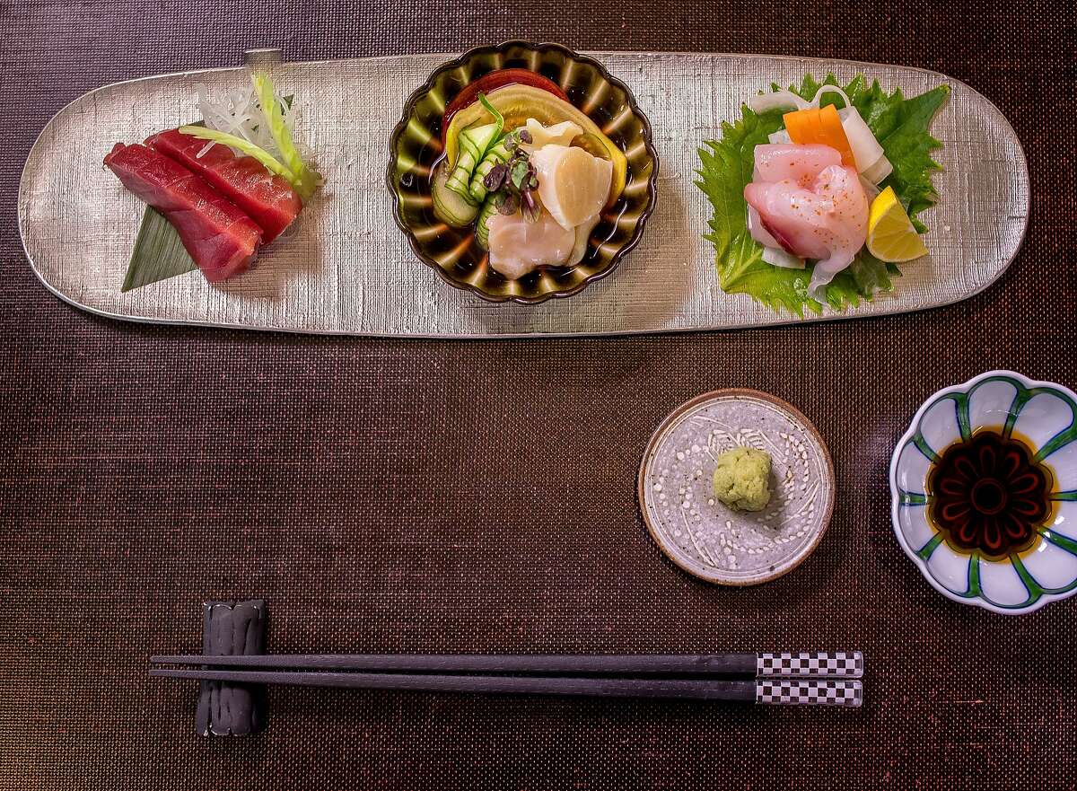 Akami, Aoyagi, Medai sashimi at Omakase in San Francisco, Calif., is seen on September 3rd, 2015.