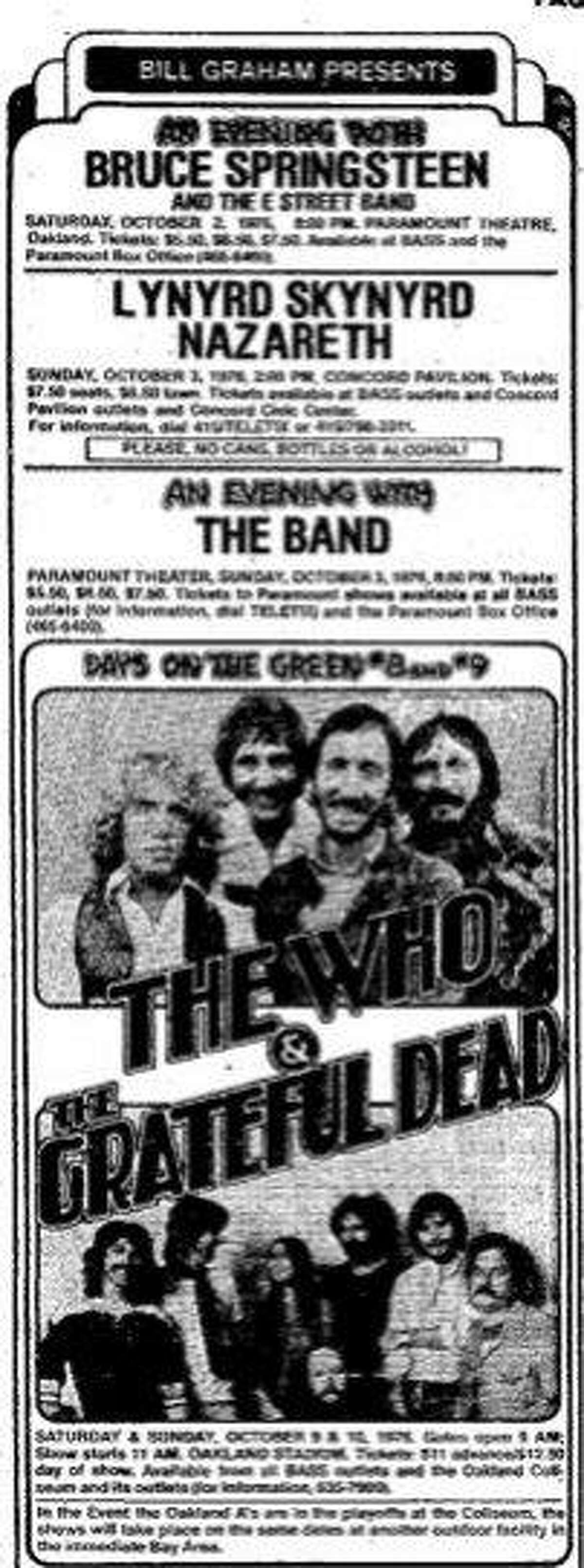 1976年10月9日至10日，奥克兰体育馆，the Who和Grateful Dead乐队的绿之日音乐会广告