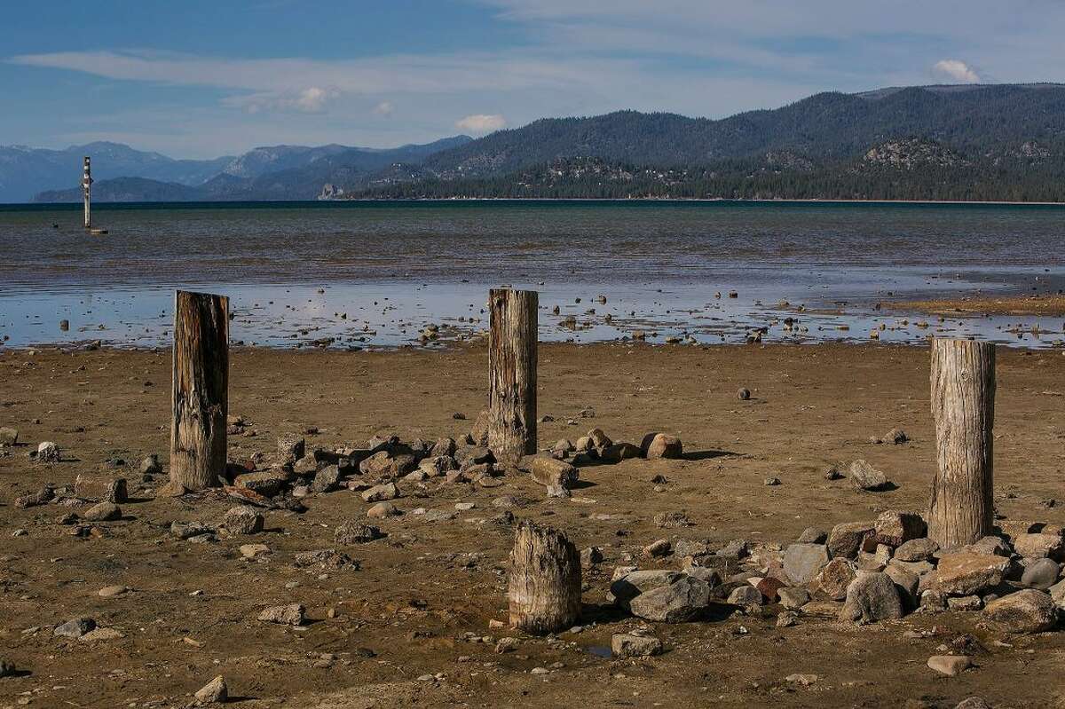 Lake Tahoe amid a drought: Without a series of Pacific storms reaching the famous high-elevation lake resort, water levels at Tahoe reached record lows as viewed on April 12, 2015, in South Lake Tahoe, California.