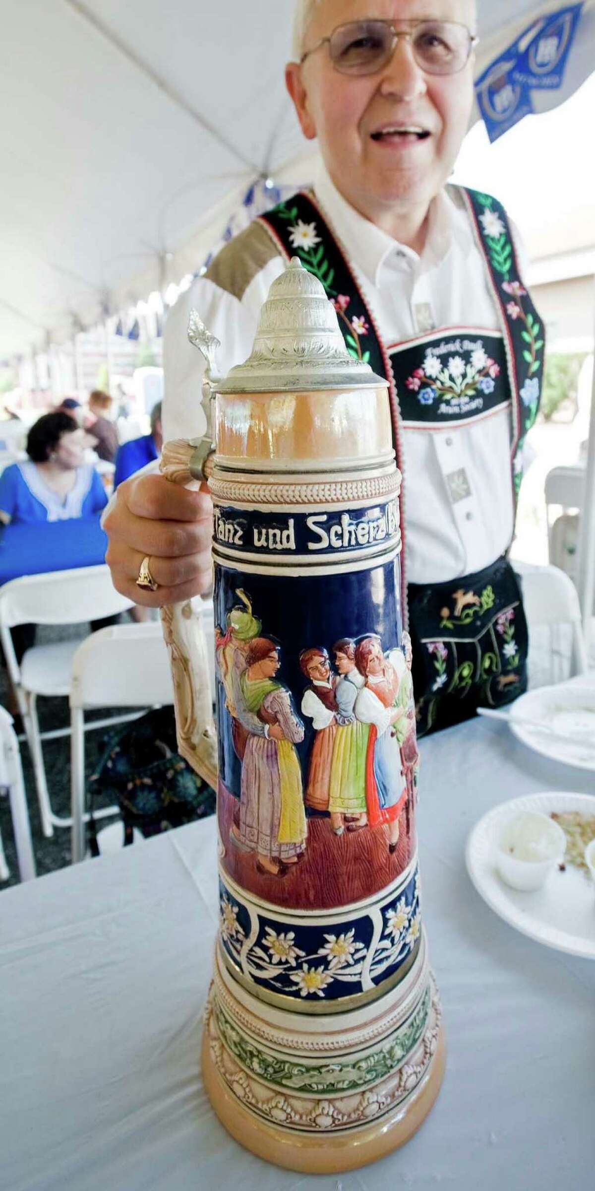 Frederick Pauli, a member of the Arion Singing Society, brought a 1960s beer stein, one of 200 in his collection, to Oktoberfest.