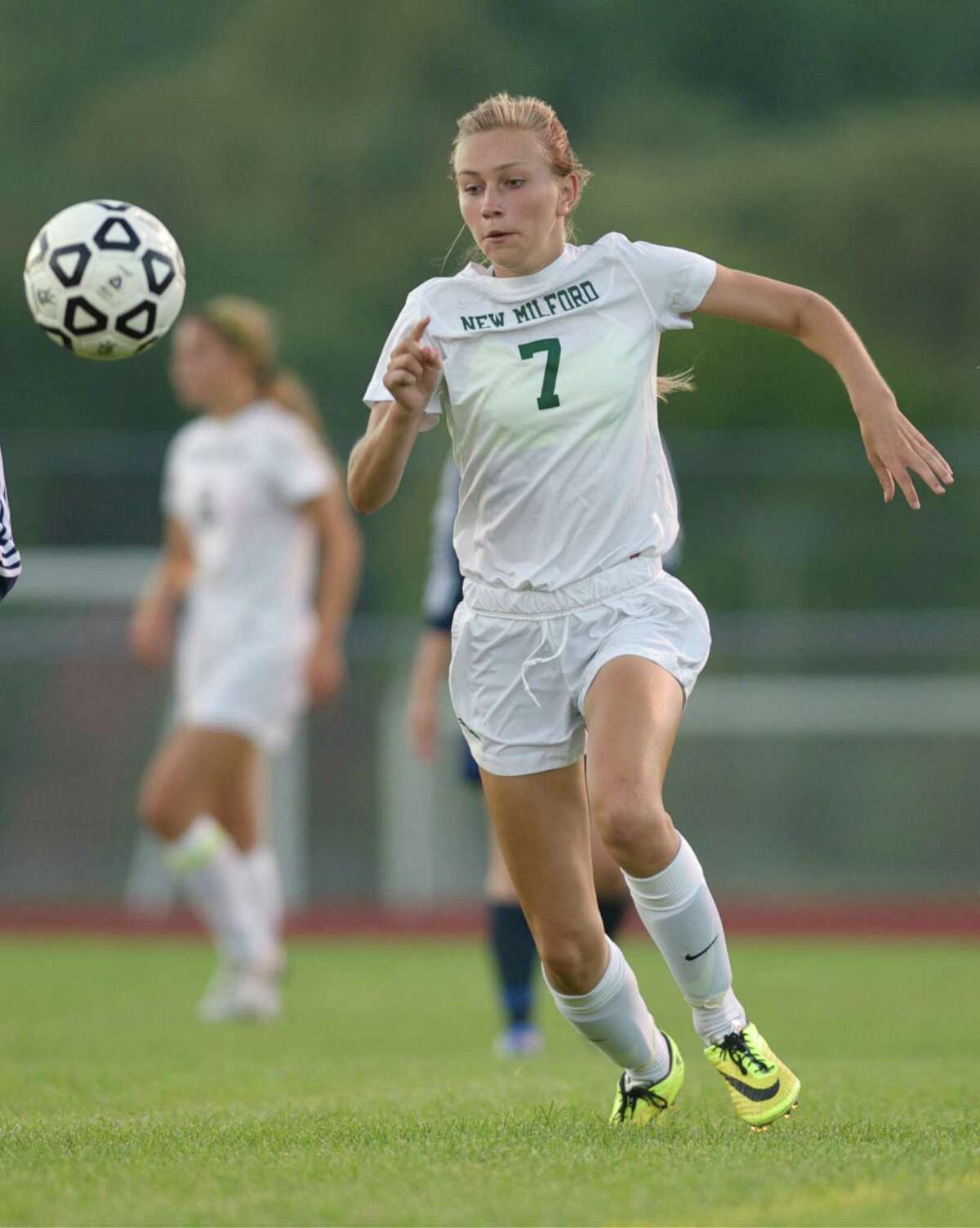 Jenna Barron (7) is one of several returning seniors on the New Milford High School girls soccer team as it looks to defend its SWC title this season.