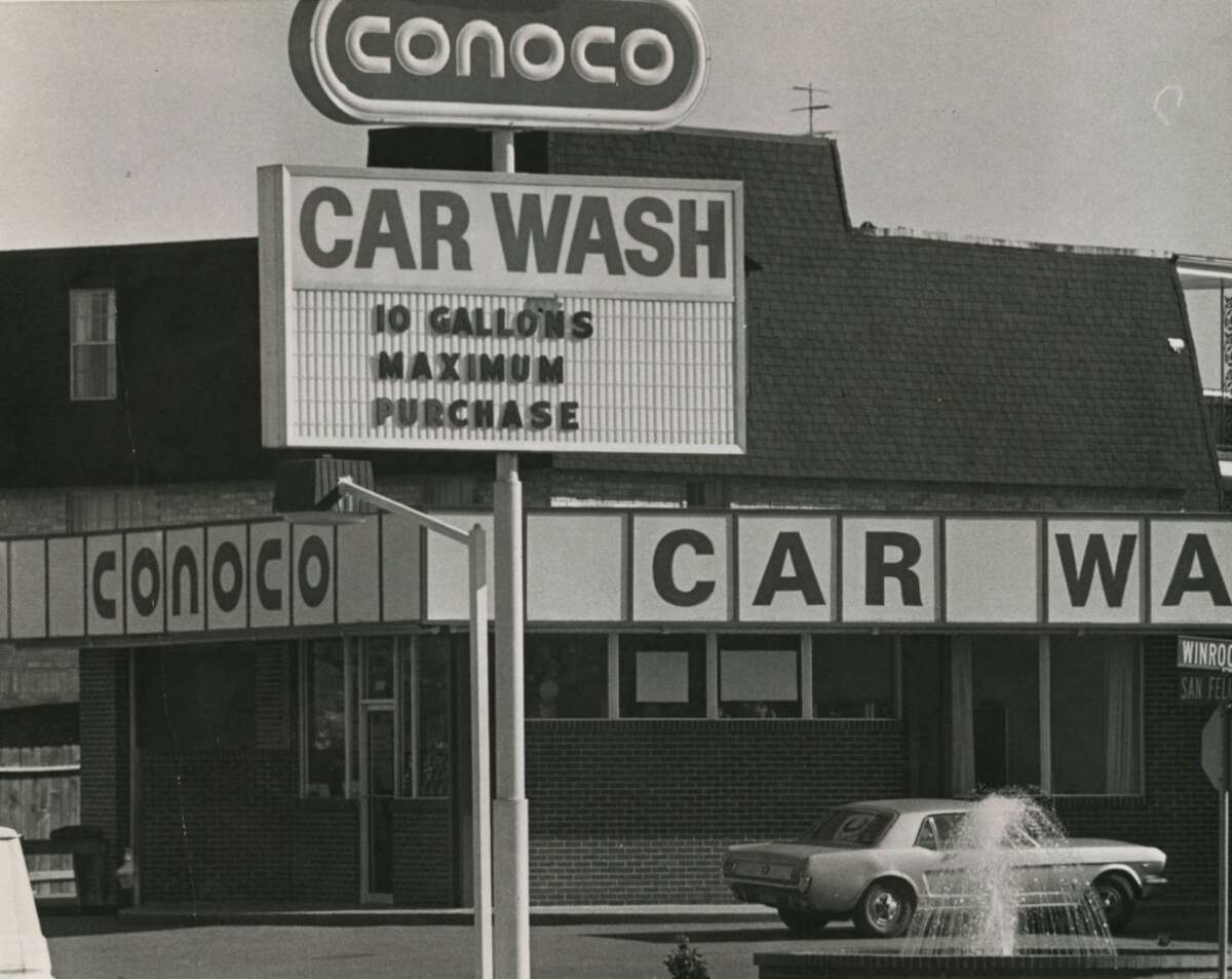 A Conoco service station at San Felipe Street and Winrock Boulevard in Houston limits gasoline purchases to 10 gallons in December 1973.