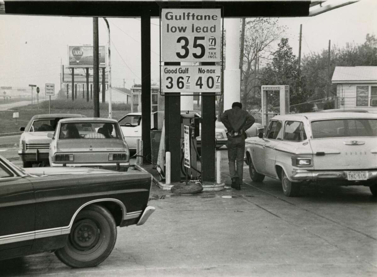 In December 1973, cars line up on "gasless Sunday" at a Gulf service station on South Loop East to purchase rationed gas at 35 cents. President Nixon had called for a new program of Sunday gas station closings to start Dec. 2, 1973 to help reduce fuel consumption.