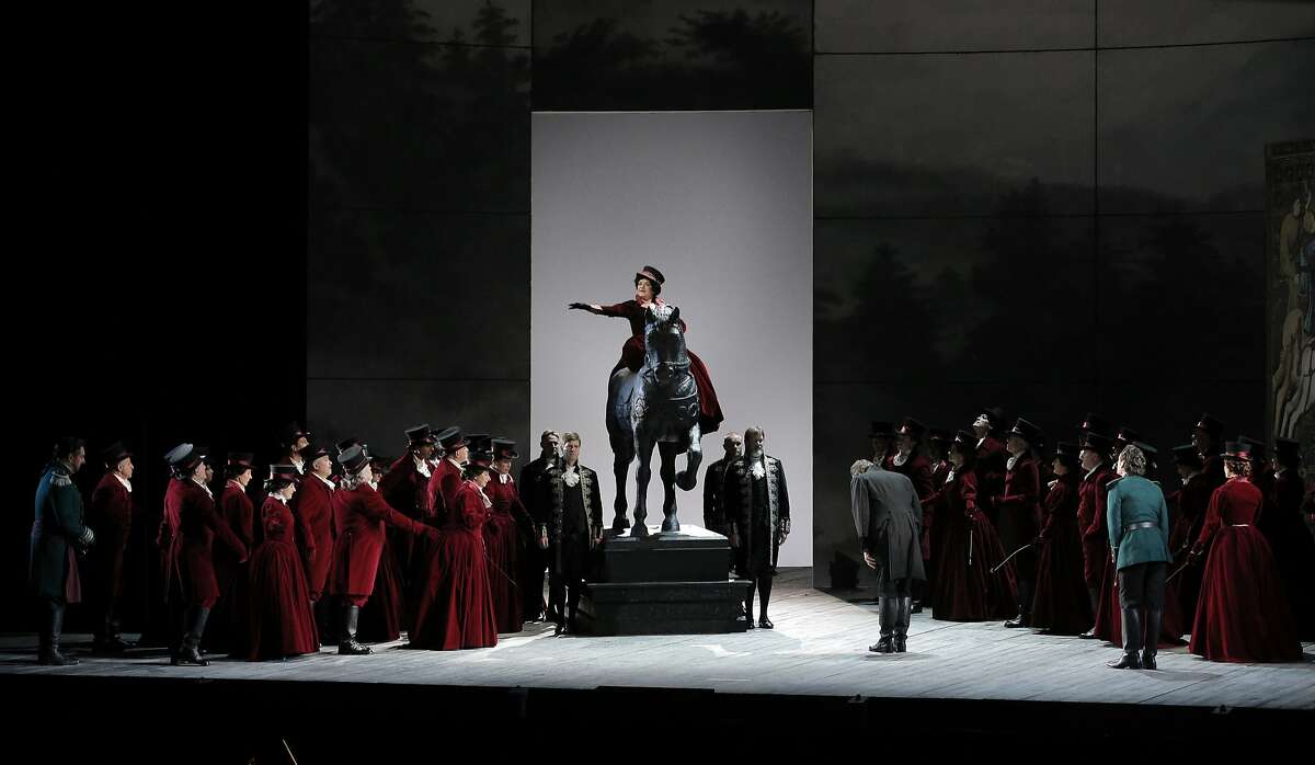 Federica played by Ekaterina Semenchuk enters on horseback during the dress rehearsal of Verdi's, "Luisa Miller," which will open the San Francisco Opera's 2015 season in San Francisco, Calif., on Tuesday, September 8, 2015.