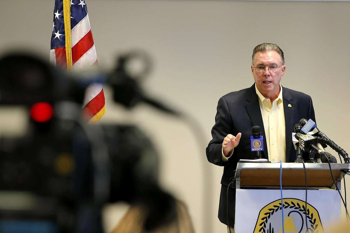 San Bruno Mayor Jim Ruane speaks to the media during a news conference in San Bruno, California, on Wednesday, Sept. 9, 2015.