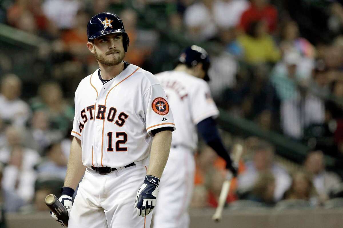 Houston Astros' Max Stassi heads to the dugout after striking out in a baseball game against the Seattle Mariners Tuesday, Sept. 1, 2015, in Houston. (AP Photo/Pat Sullivan)