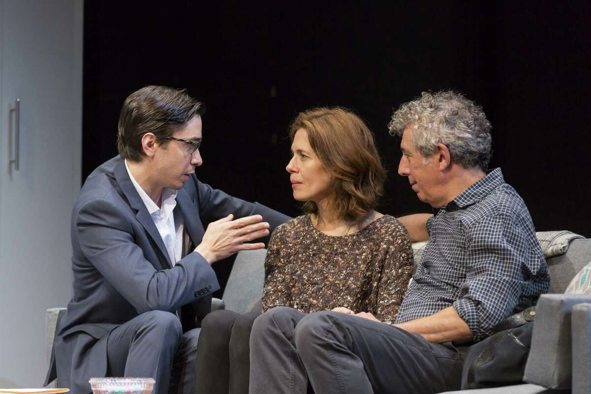 From left, Justin Long, Jessica Hecht and Eric Bogosian in "Legacy WTF 7-1-15 071 LEGACY": Williamstown Theatre Festival JULY 1 - JULY 12 | NIKOS STAGE 2015 SEASON WORLD PREMIERE By Daniel Goldfarb Directed by Oliver Butler Scenic Design: Dane Laffrey Costume Design: Jessica Pabst Lighting Design: Justin Townsend c. T Charles Erickson Photography tcepix@comcast.net