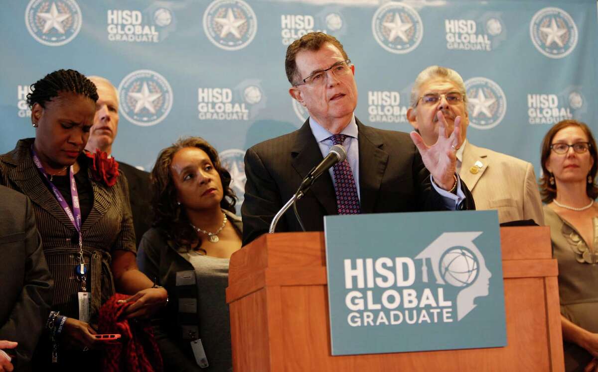 Houston ISD Superintendent Terry Grier announced Thursday, Sept. 10, 2015, in Houston that he is stepping down effective on March 1. Grier became superintendent of Houston in 2009, leading the nation's seventh largest school district to win the Broad Prize for Urban Education in 2013. "You can't be school superintendent in Houston forever," Grier said, citing his age and recent knee replacement. "It's just time and that's it in a nutshell." ( Steve Gonzales / Houston Chronicle )