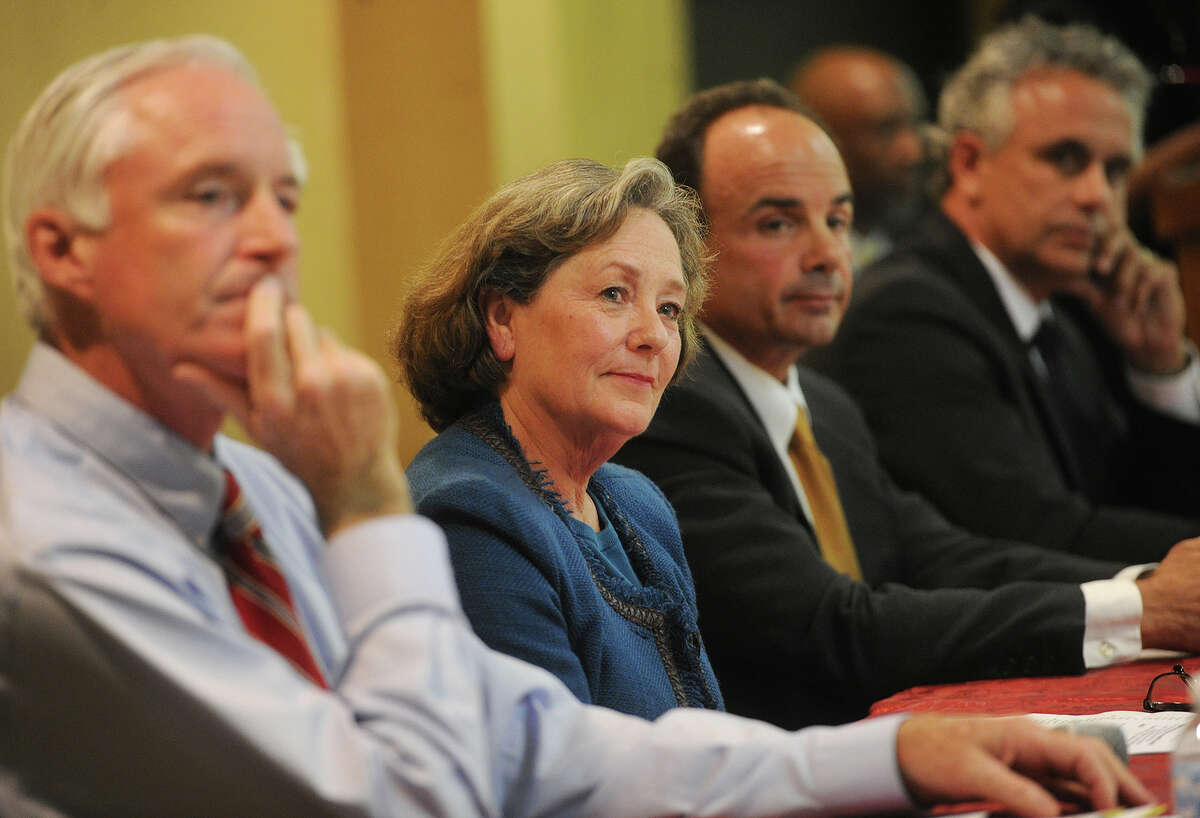 From left; Bridgeport Mayor Bill Finch, Mary-Jane Foster, Joe Ganim, and Enrique Torres participate in the final mayoral debate, organized by CONECT, or Congregations Organized for a New Connecticut, at Mount Aery Baptist Church in Bridgeport, Conn. on Thursday, September 10, 2015.