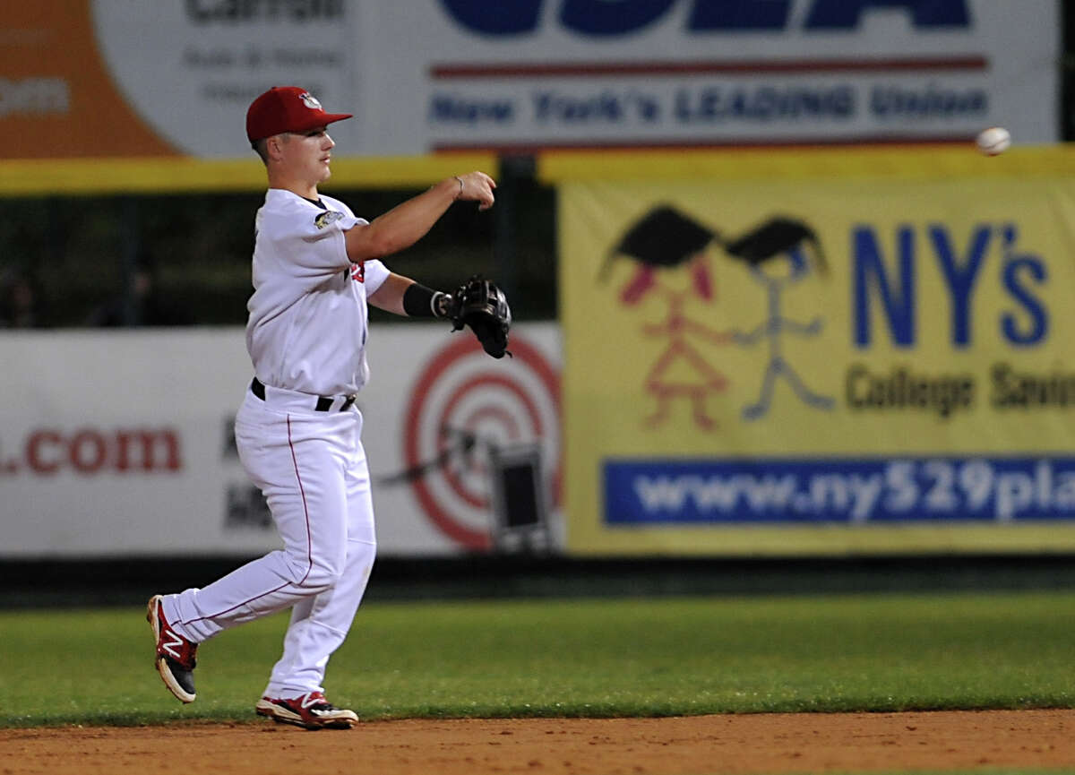 Tri-City ValleyCats second baseman Brooks Marlow tosses the ball to first base for an out during a baseball game against the Staten Island Yankees at Joe Bruno Stadium on Thursday, Sept. 10, 2015 in Troy, N.Y. Tonight was Game 2 of the New York-Penn League semifinals. (Lori Van Buren / Times Union)