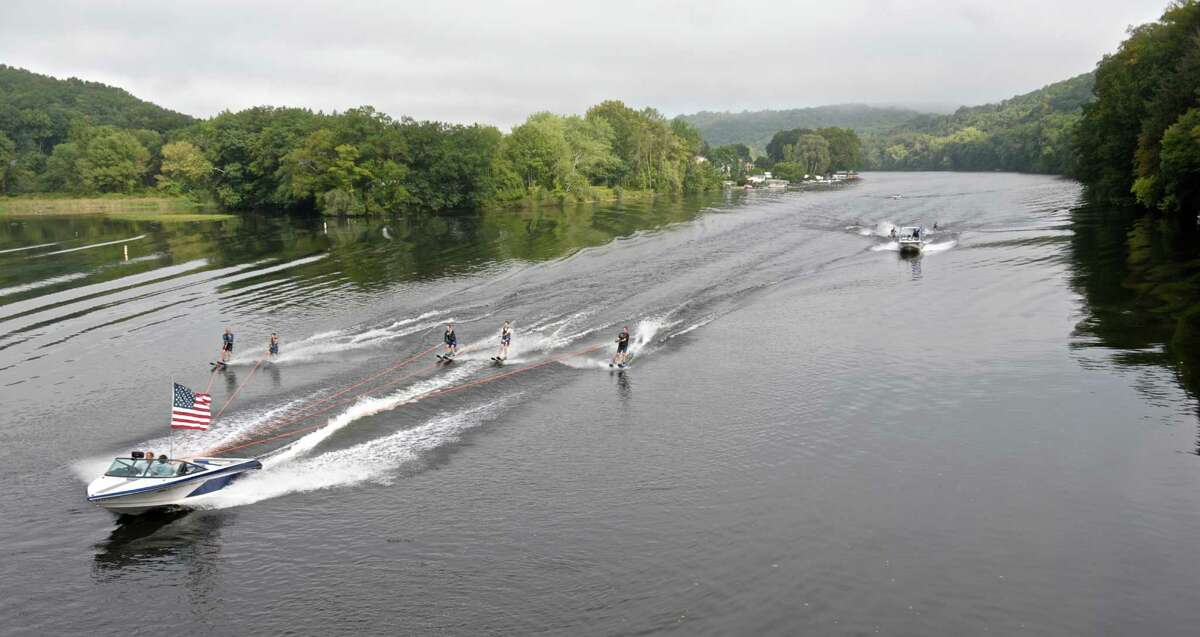 Skiers on Lake Zoar take part in the Leap of Faith Adaptive Skiers Dam Buster Waterski-A-Thon event to benefit disabled athletes on Saturday morning, September 12, 2015, in Newtown, Conn.