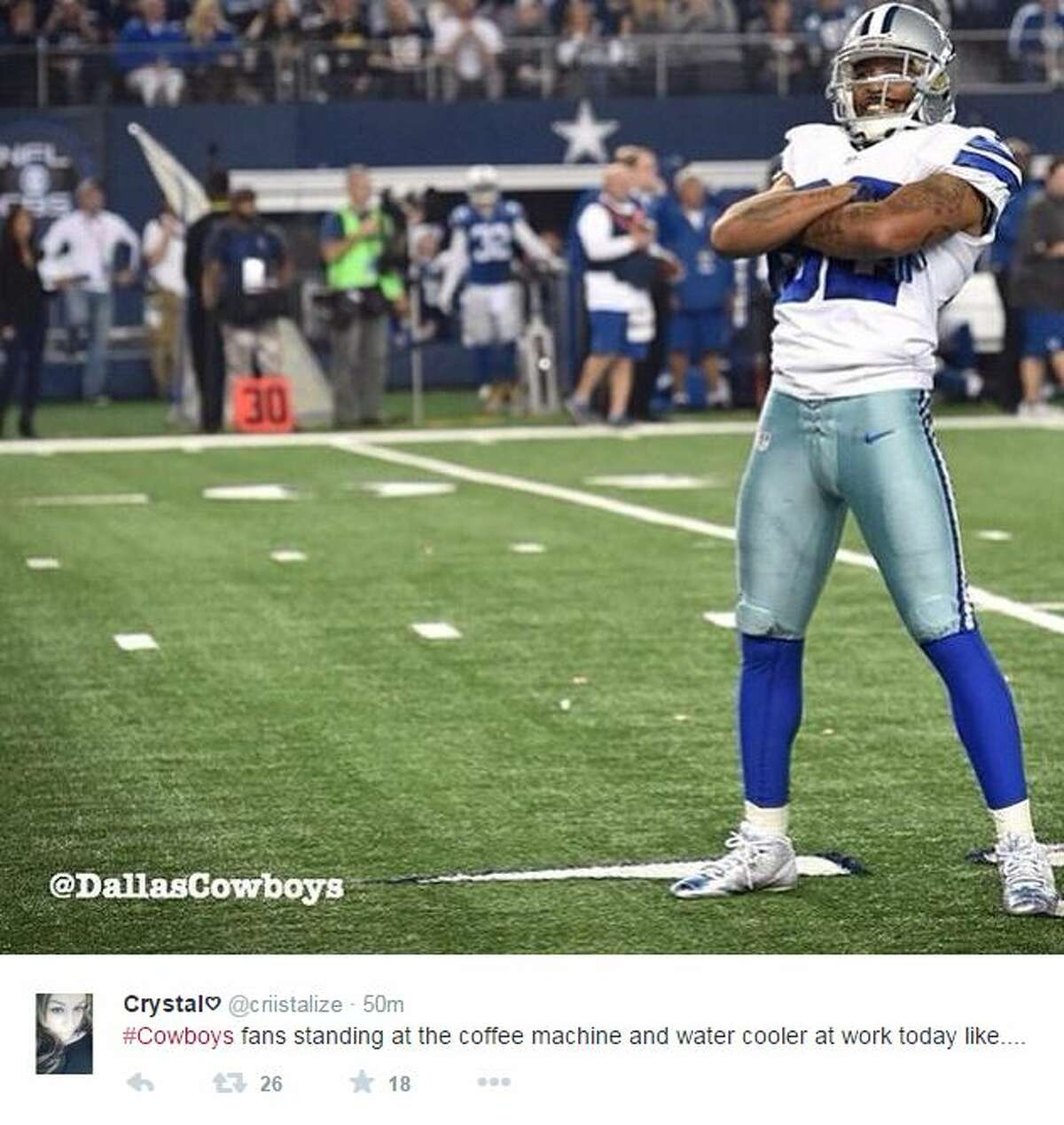 "#Cowboys fans standing at the coffee machine and water cooler at work today like....," @crisistalize