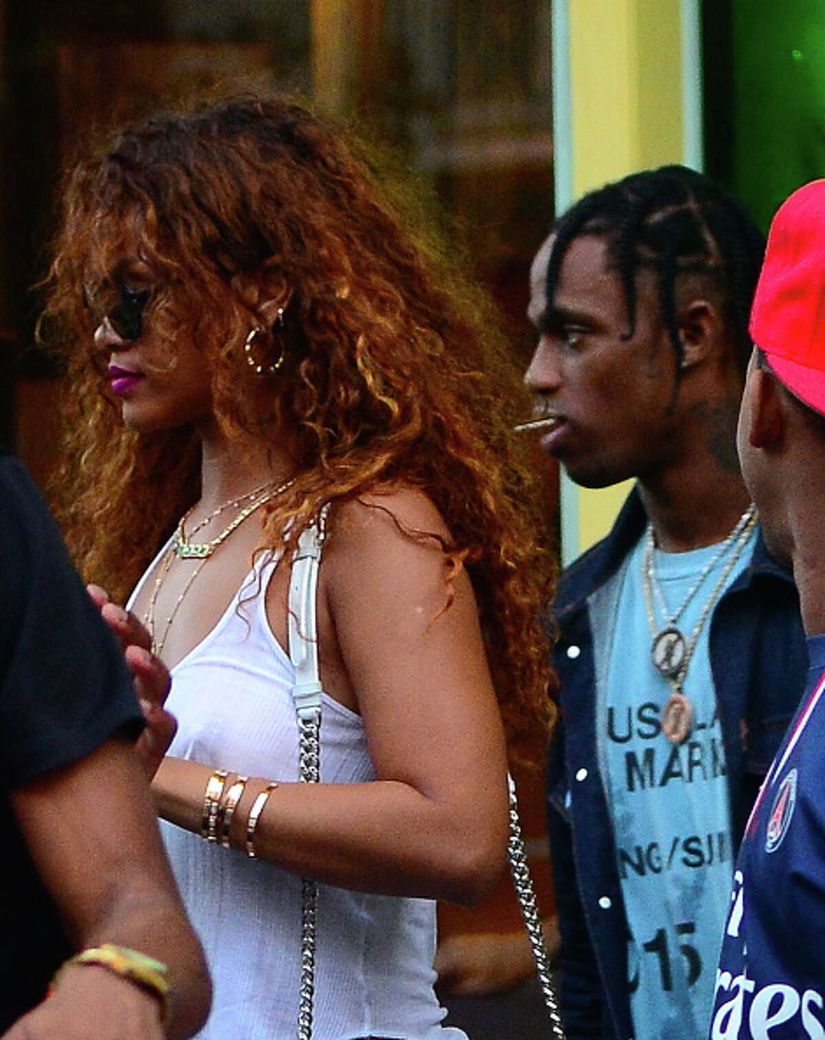 NEW YORK, NY - AUGUST 12: Singer Rihanna and Travis Scott are seen coming out of Coppelia restaurant in Soho on August 12, 2015 in New York City. (Photo by Raymond Hall/GC Images)