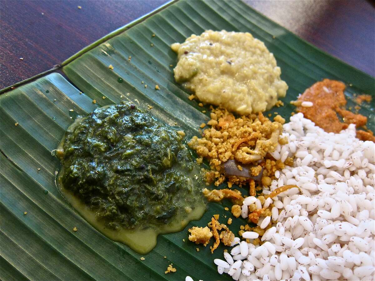 Sri-Lankan style curried greens, curried lentils, puttu fry and special rice at Yaal Tiffins.