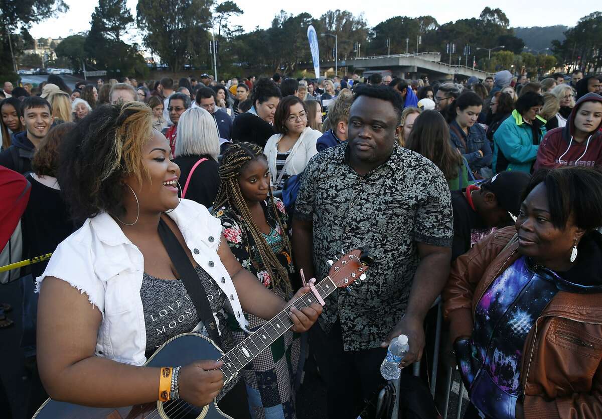 Yolandita Andre serenades family members (right) before she auditions for American Idol at the Cow Palace in Daly City, Calif. on Tuesday, Sept. 15, 2015. The Andres travelled from Portland, Ore. so Yolandita can have a shot at stardom.