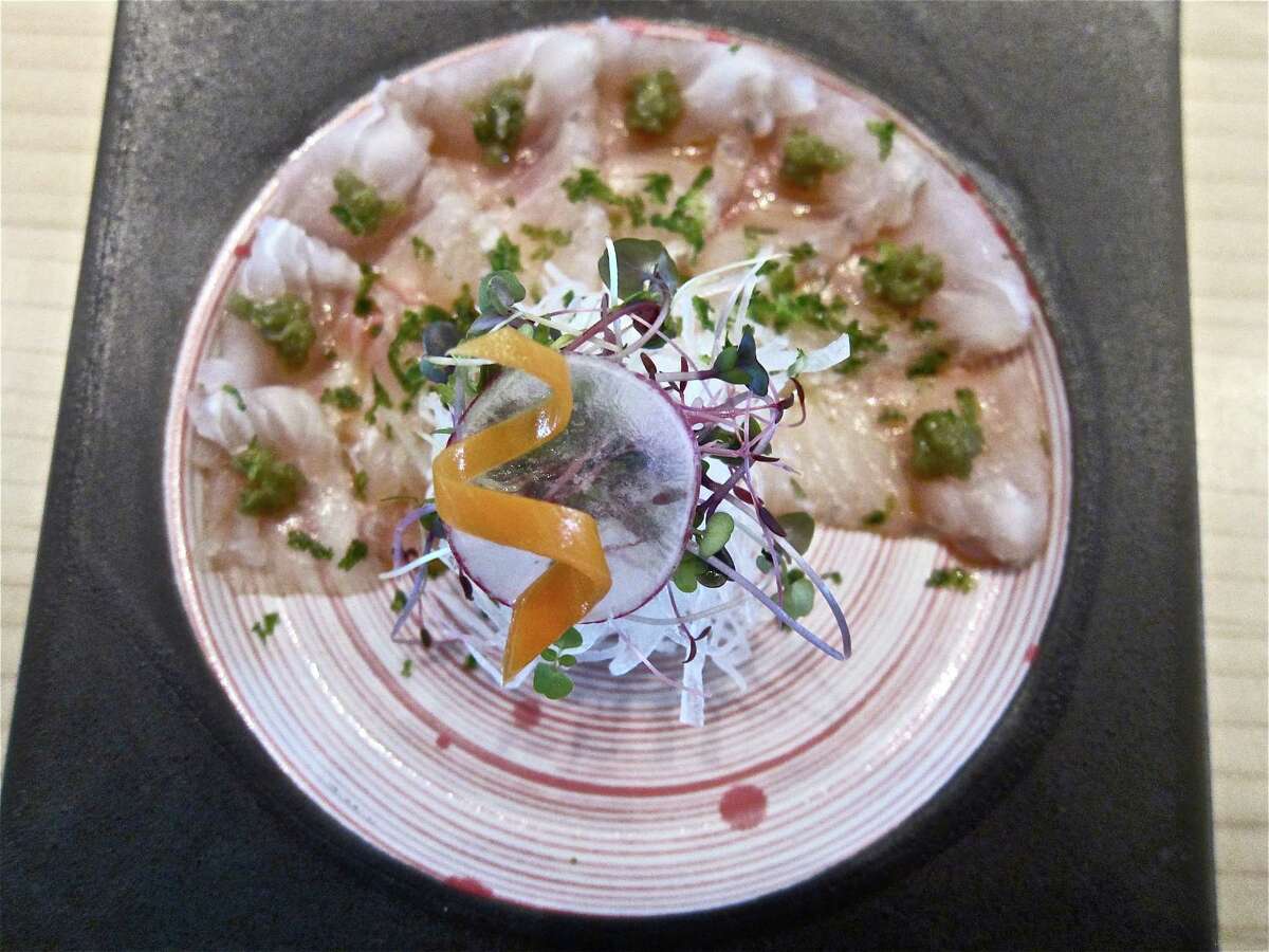Flounder sashimi with yuzukosho at MF Sushi