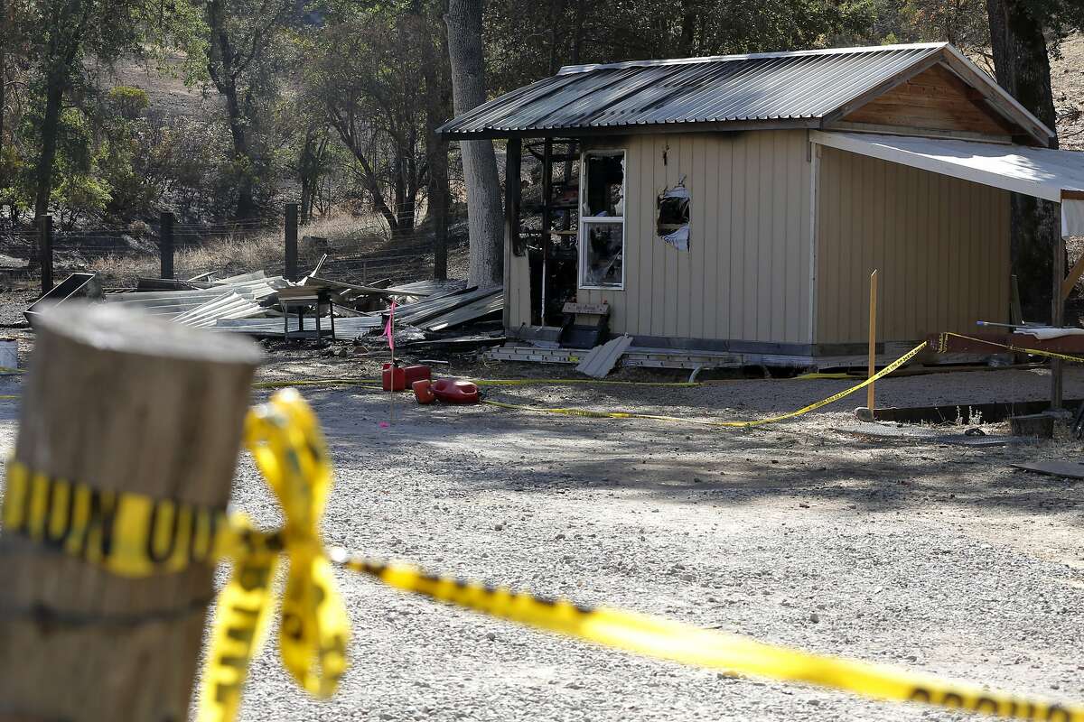 The shed where neighbors say the Valley Fire may have started now surrounded by police tape in Cobb, California, on Tuesday, Sept. 15, 2015.