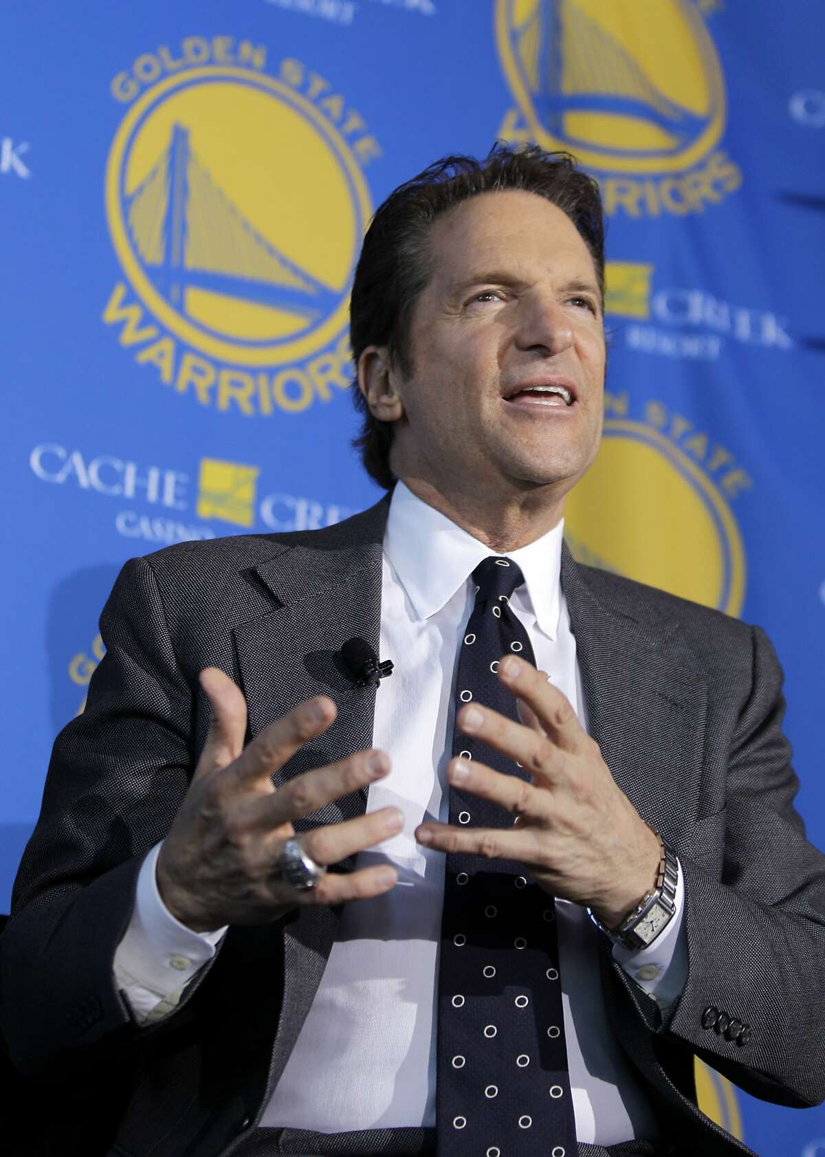 Golden State Warriors owner Peter Guber, gestures at a luncheon in San Francisco.