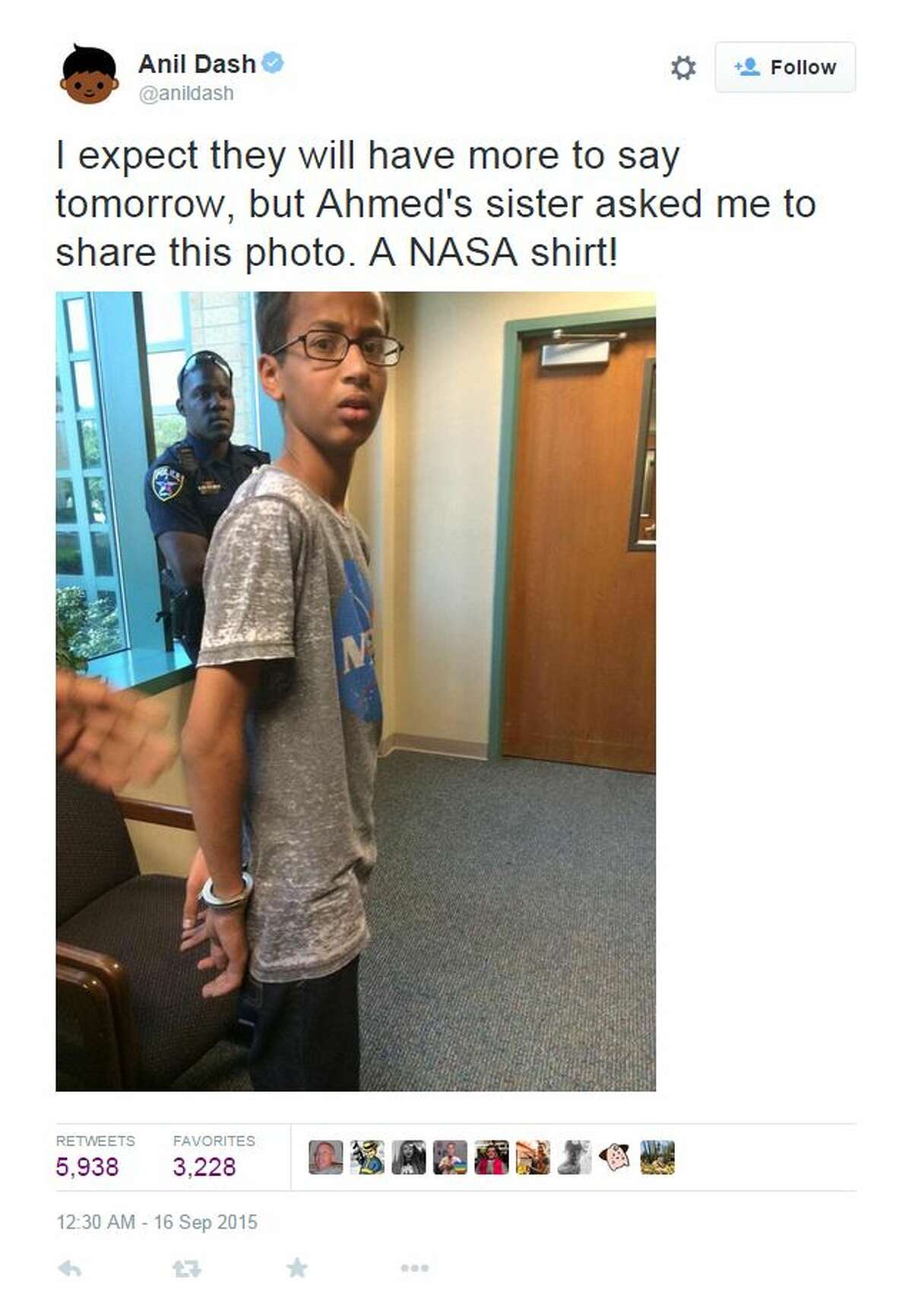 Irving police officers arrested Ahmed for "possessing a hoax bomb" and escorted him from the school in handcuffs. Irving police spokesman James McLellan told The Dallas Morning News: “He kept maintaining it was a clock, but there was no broader explanation.”