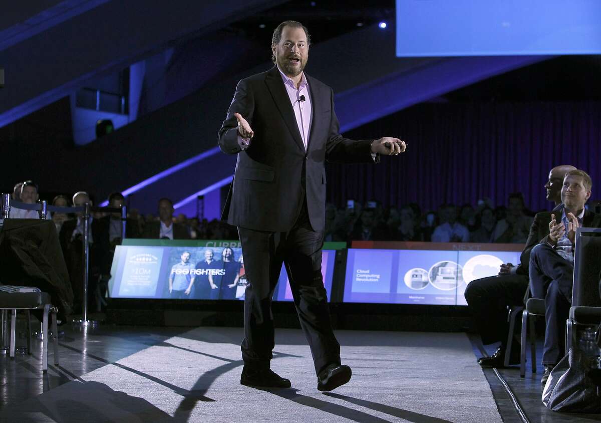 Salesforce CEO Marc Benioff delivers the keynote speech at the annual Dreamforce conference at Moscone Center in San Francisco, Calif. on Wednesday, Sept. 16, 2015.