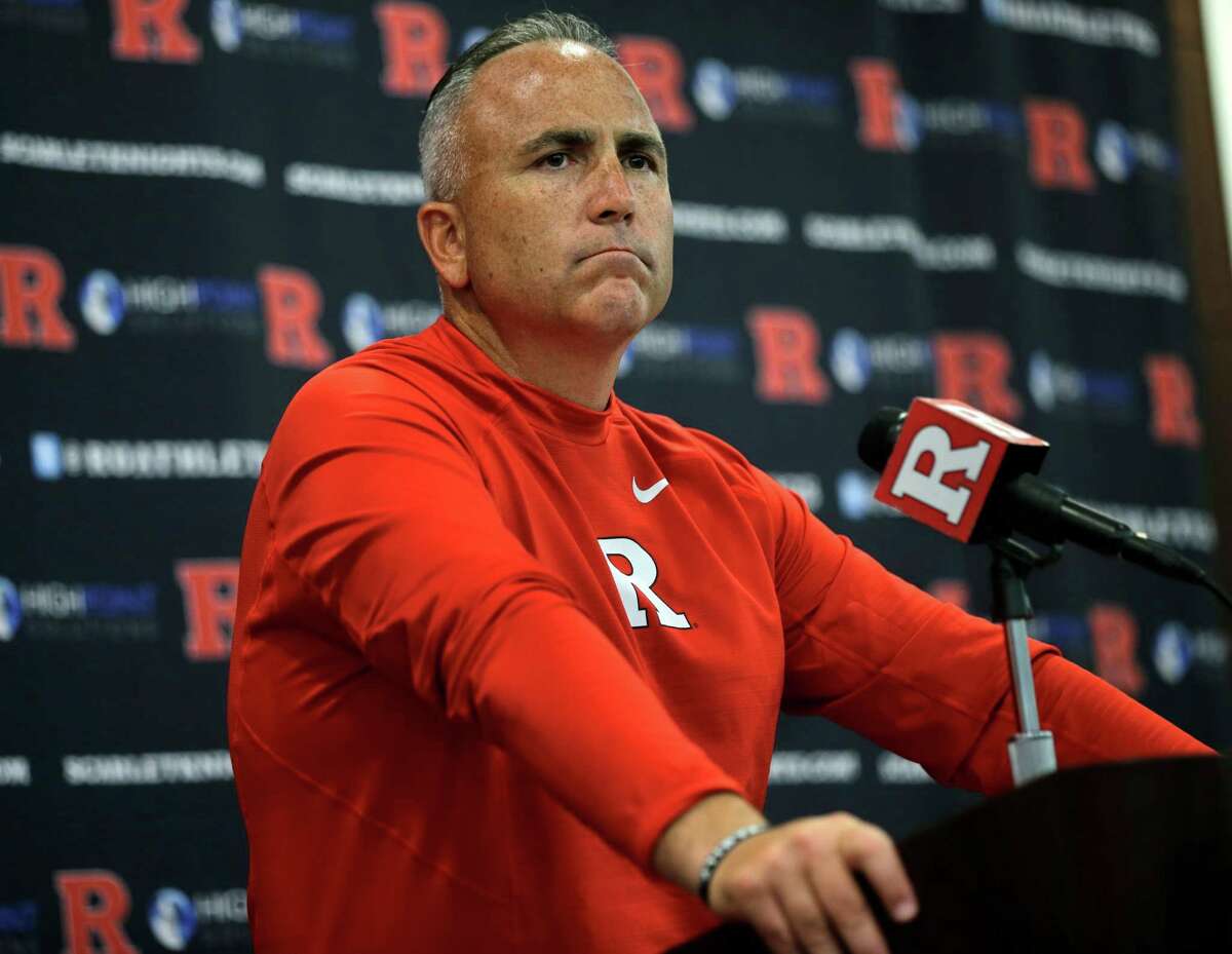FILE - In this Saturday, Sept. 5, 2015 file photo, Rutgers head coach Kyle Flood listens to a question as he addresses the media after his team defeated Norfolk State, 63-13 in an NCAA college football game in Piscataway, N.J. Rutgers has suspended football coach Kyle Flood for three games after he contacted a faculty member over a playerâs status. Rutgers President Robert Barchi announced the punishment Wednesday afternoon, Sept. 16, 2015, a day after he said he received an internal investigative report. (AP Photo/Mel Evans, File)